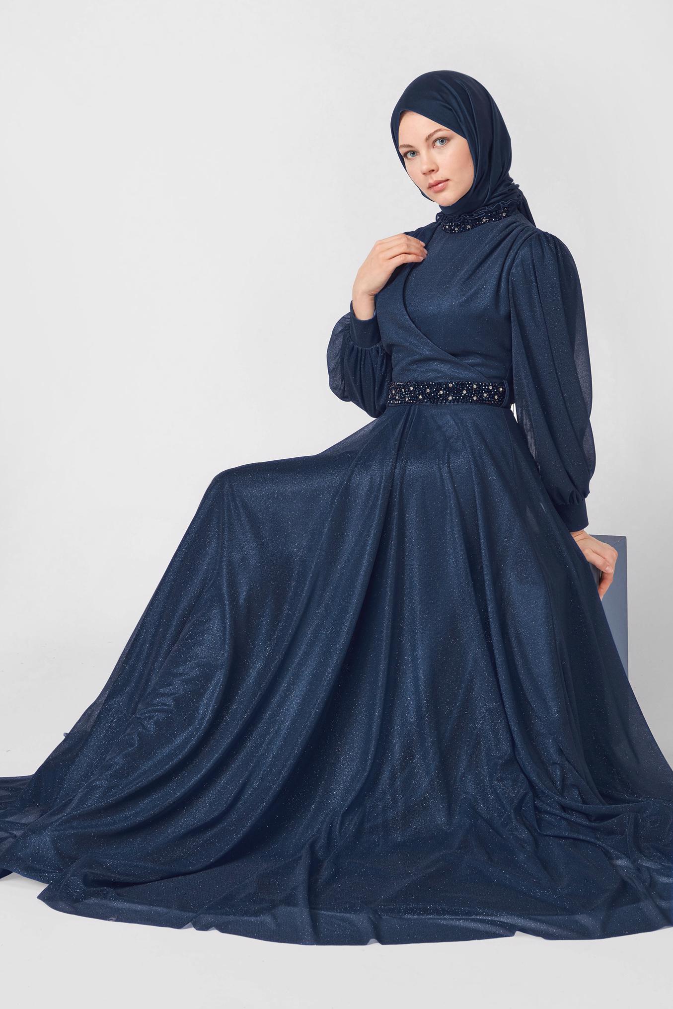 Tesettür giyim LACİVERT SİMLİ ABİYE ELBİSE 50127