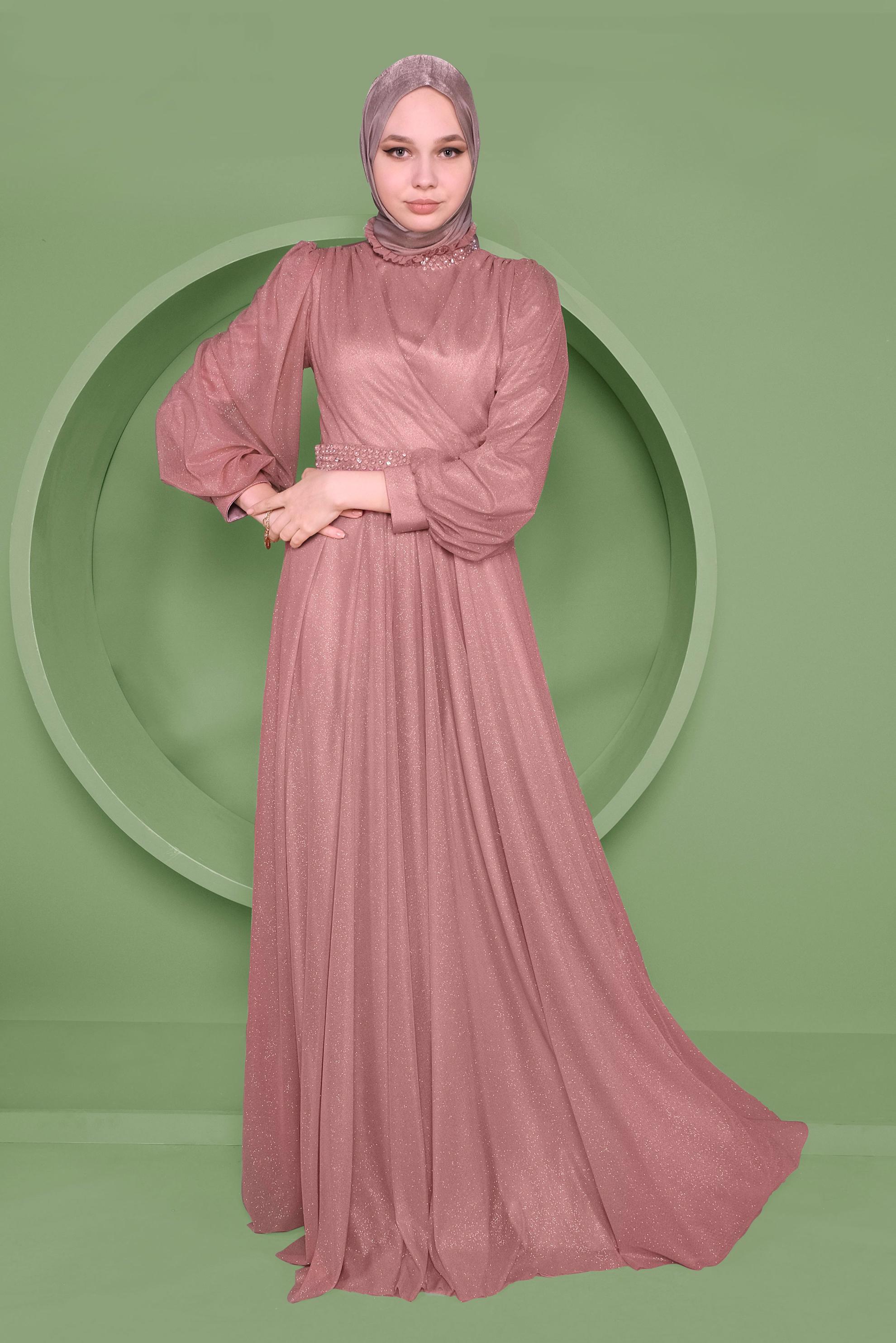 Tesettür giyim PUDRA SİMLİ ABİYE ELBİSE 50127