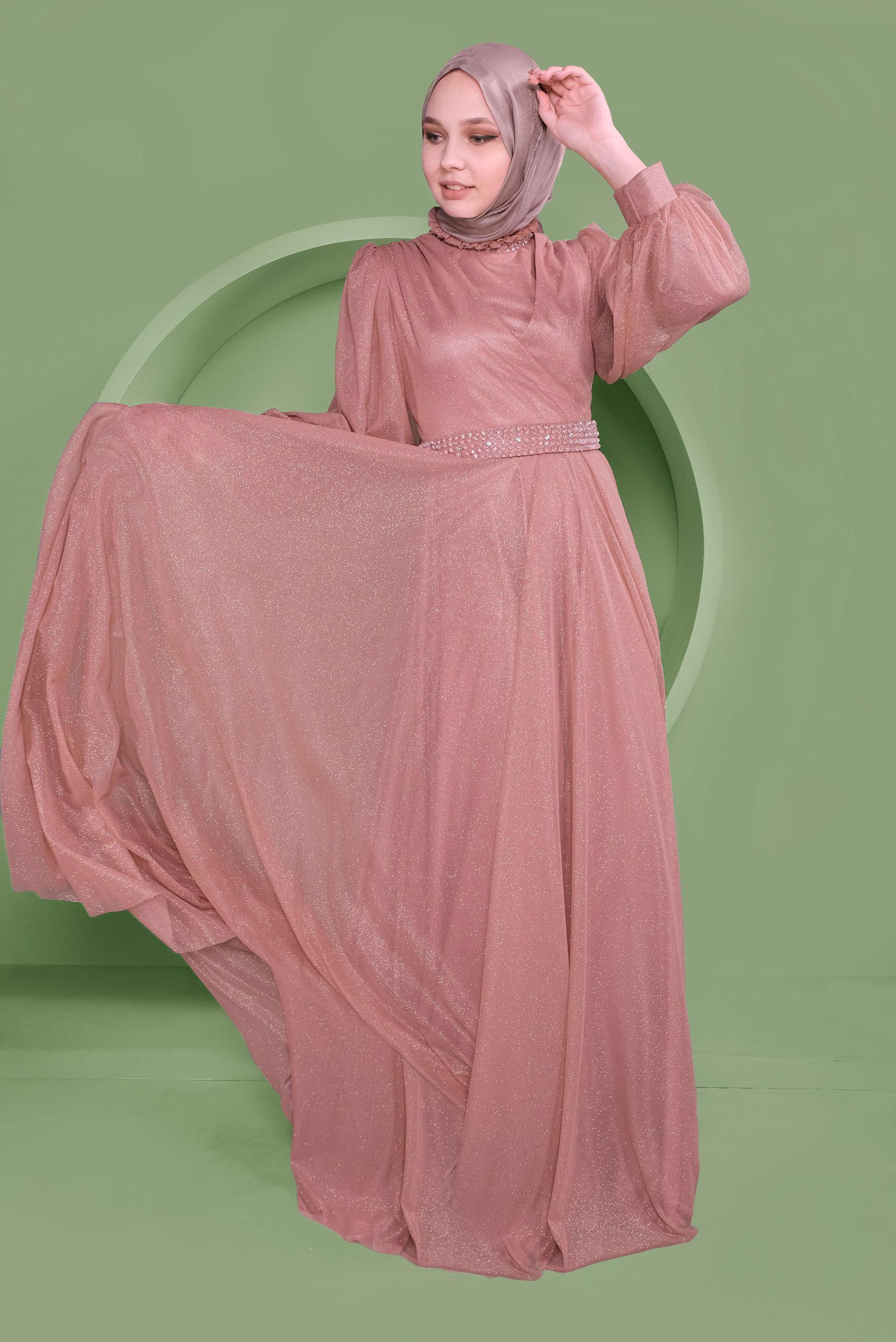 Tesettür giyim PUDRA SİMLİ ABİYE ELBİSE 50127