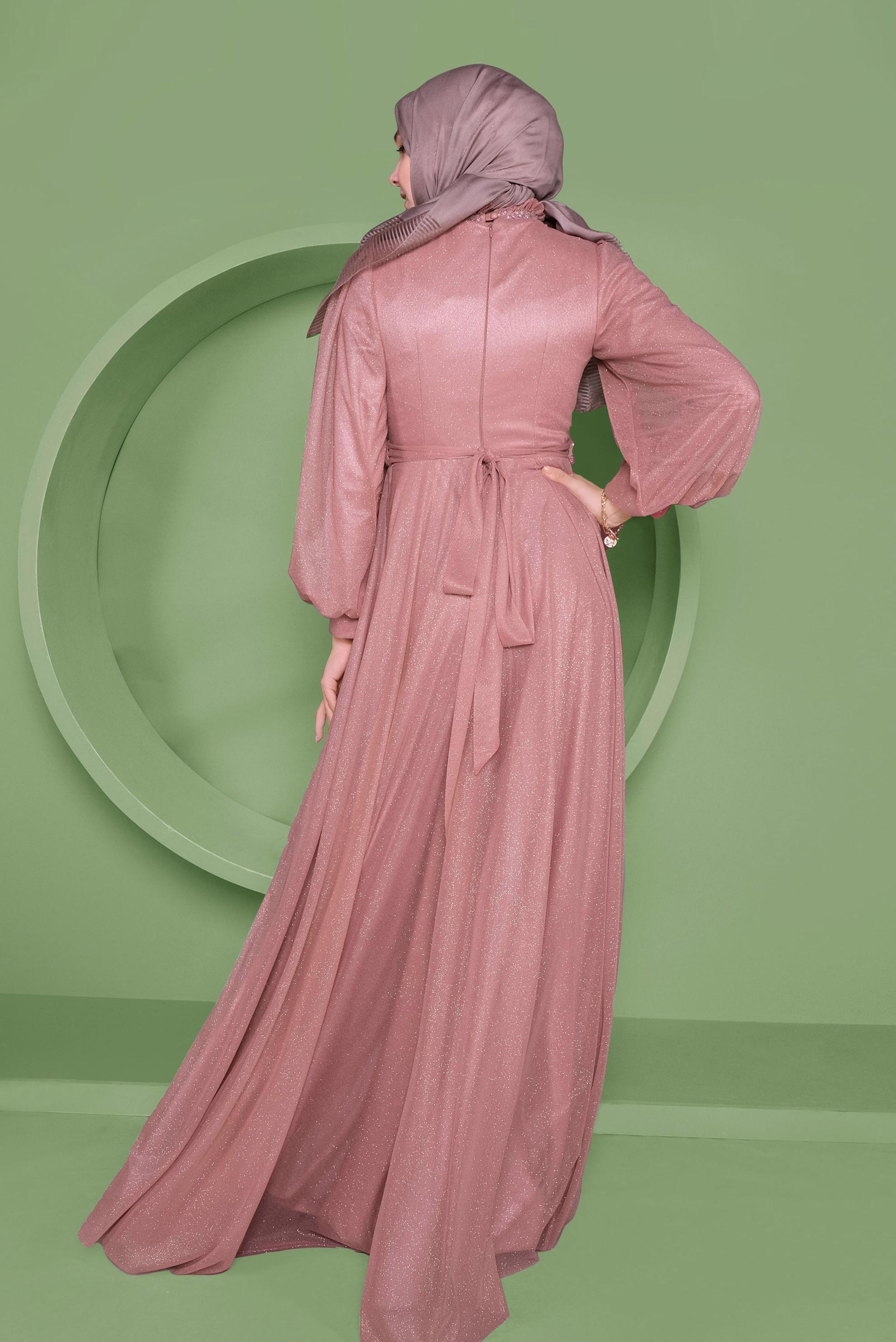 Tesettür giyim PUDRA SİMLİ ABİYE ELBİSE 50127