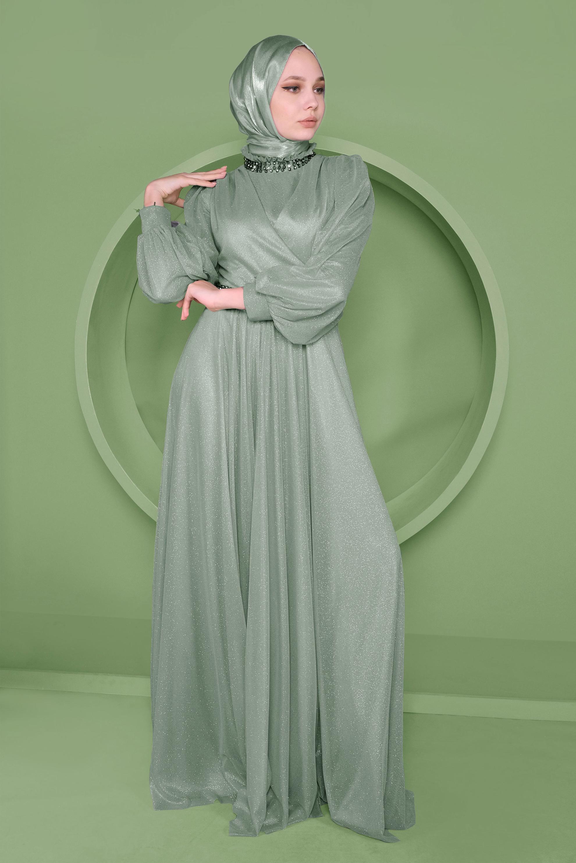 Tesettür giyim YEŞİL SİMLİ ABİYE ELBİSE 50127