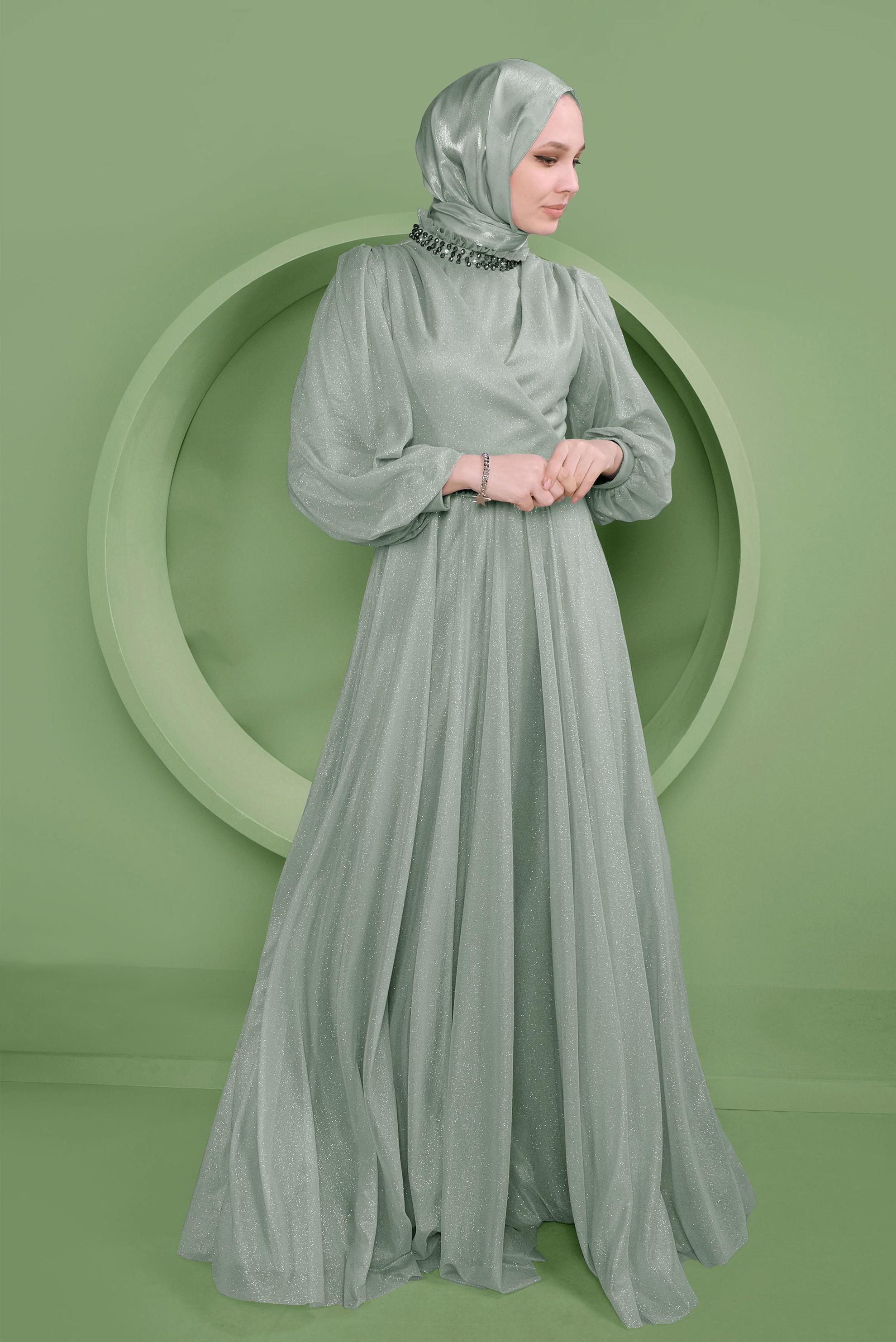 Tesettür giyim YEŞİL SİMLİ ABİYE ELBİSE 50127