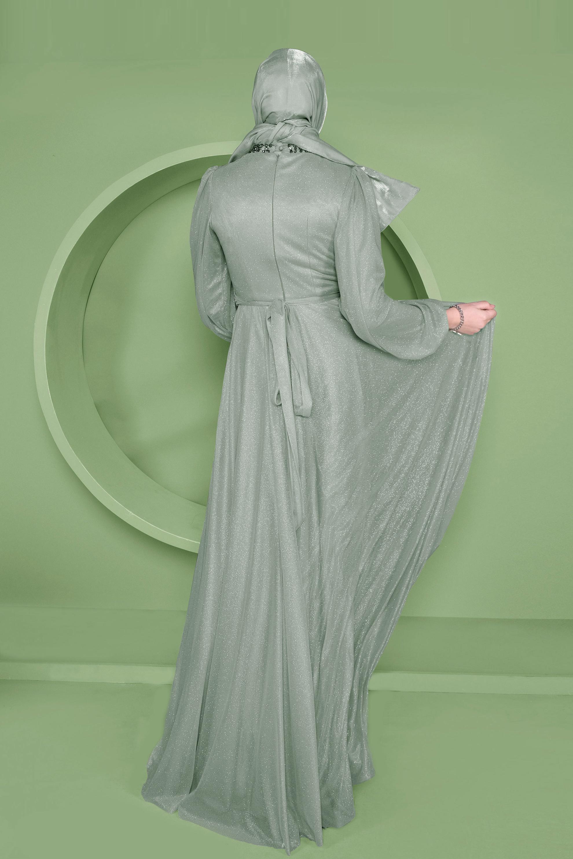 Tesettür giyim YEŞİL SİMLİ ABİYE ELBİSE 50127