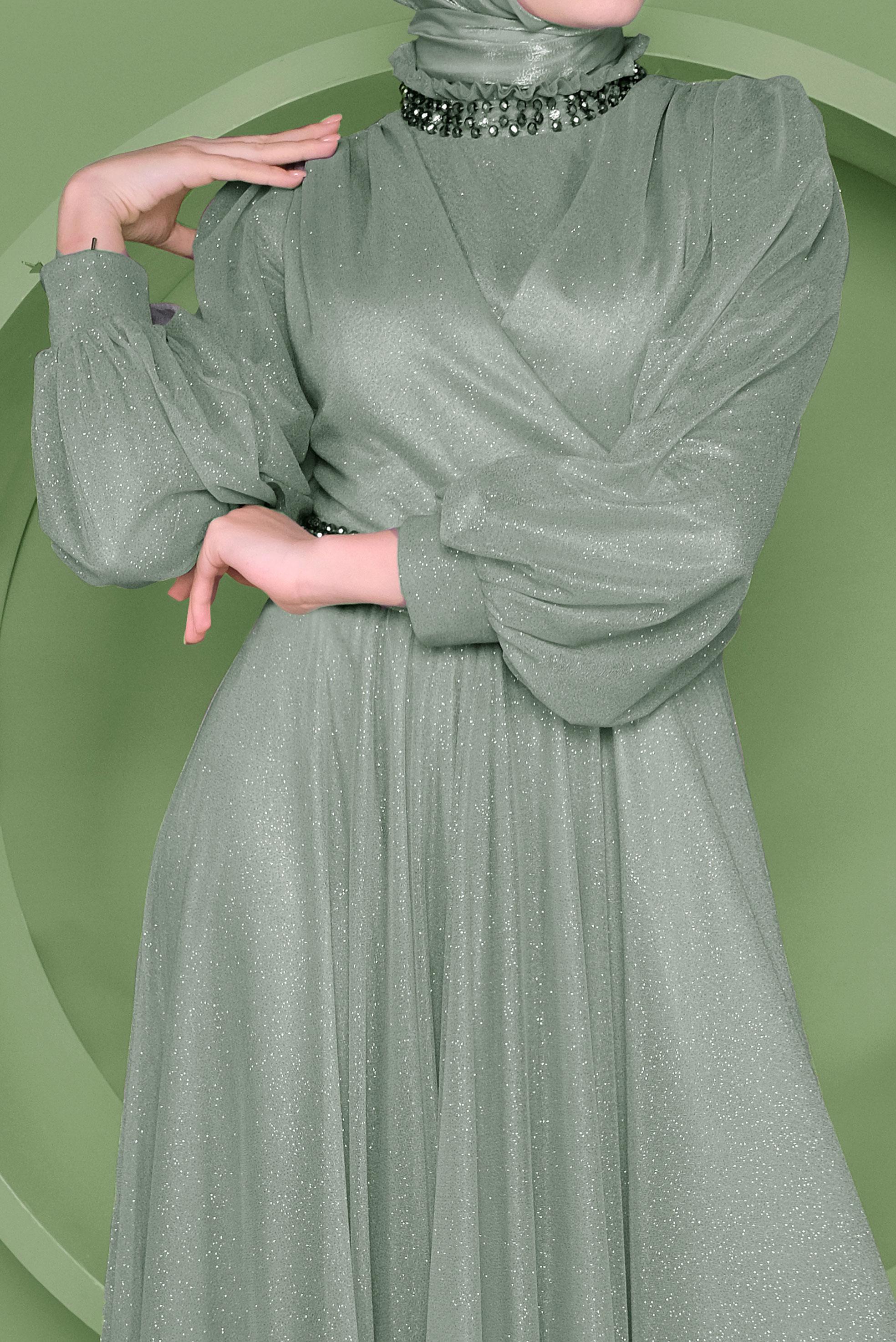 Tesettür giyim YEŞİL SİMLİ ABİYE ELBİSE 50127