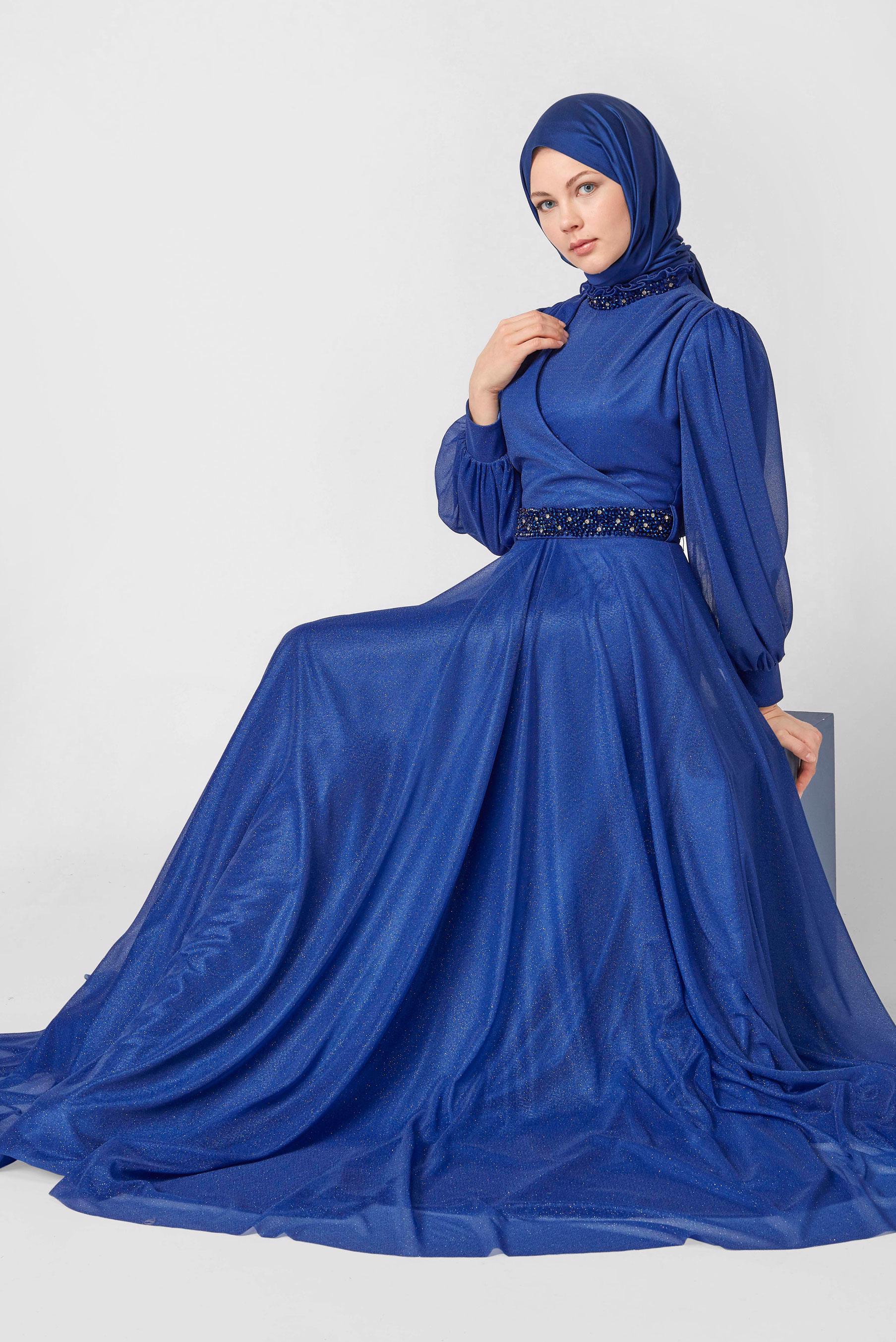 Tesettür giyim MAVİ SİMLİ ABİYE ELBİSE 50127