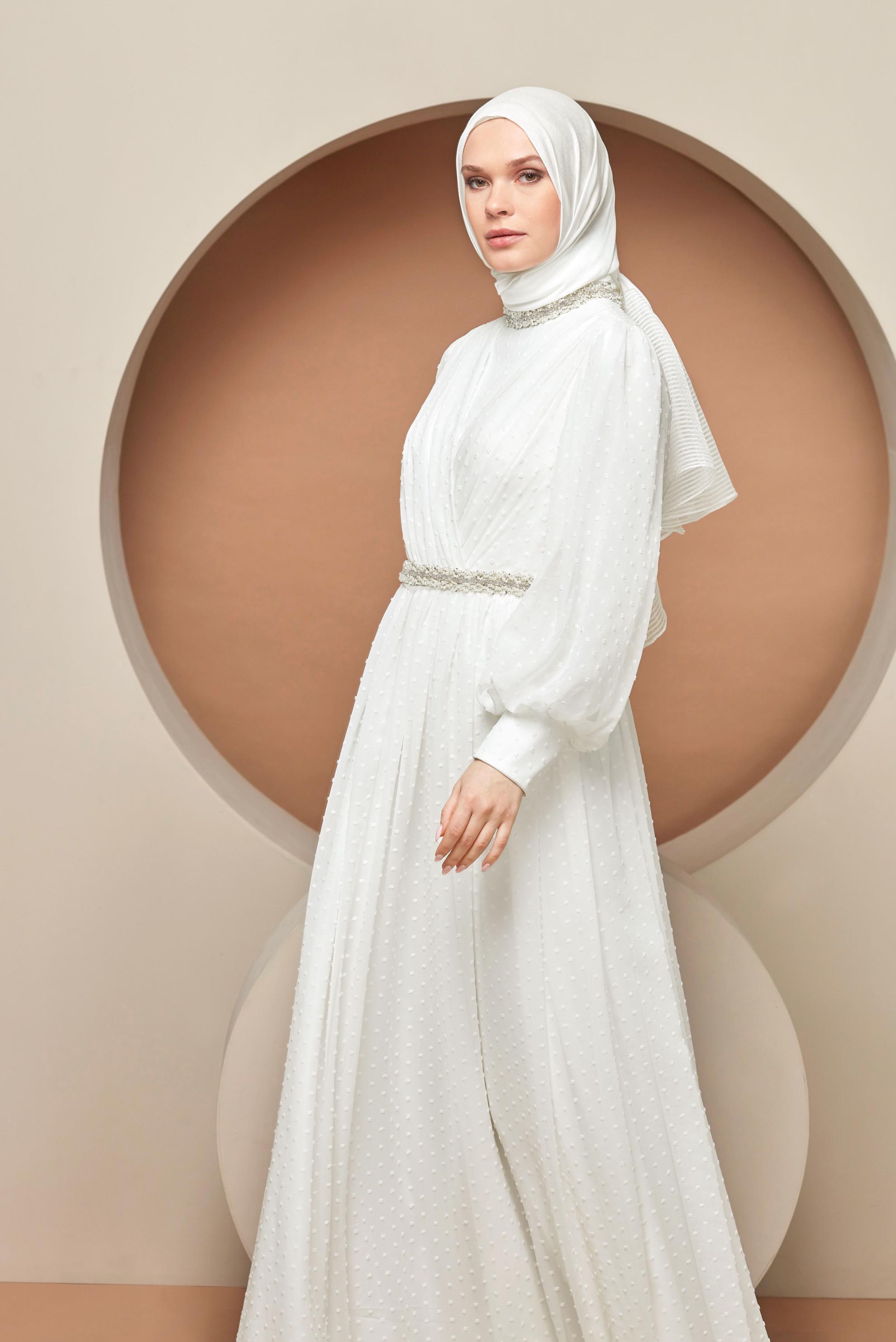 Hijab clothing WHITE GEM EMBROIDERED EVENING DRESS 50128