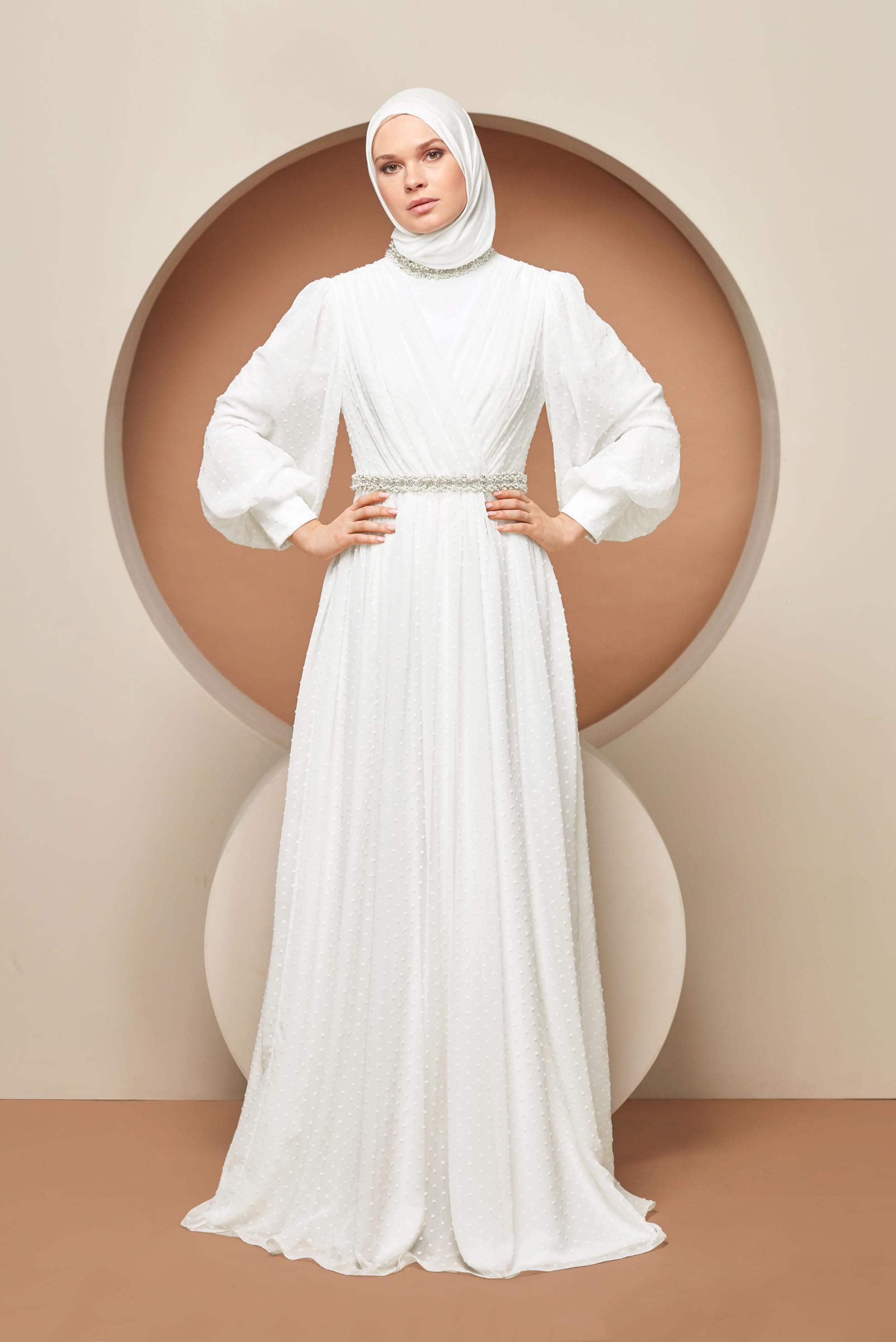 Hijab clothing WHITE GEM EMBROIDERED EVENING DRESS 50128