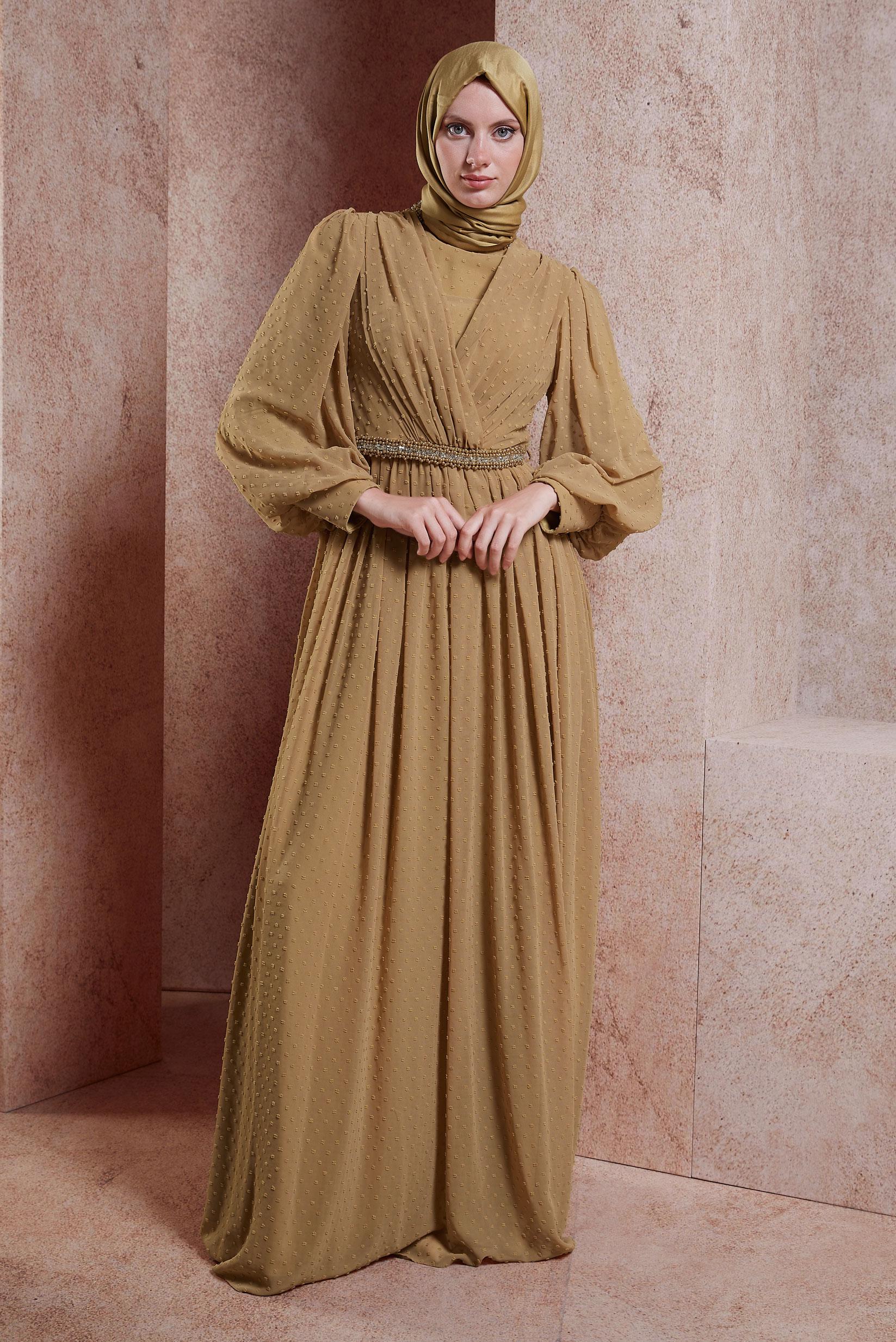 Tesettür giyim KAHVE TAŞ DETAYLI ABİYE ELBİSE 50128