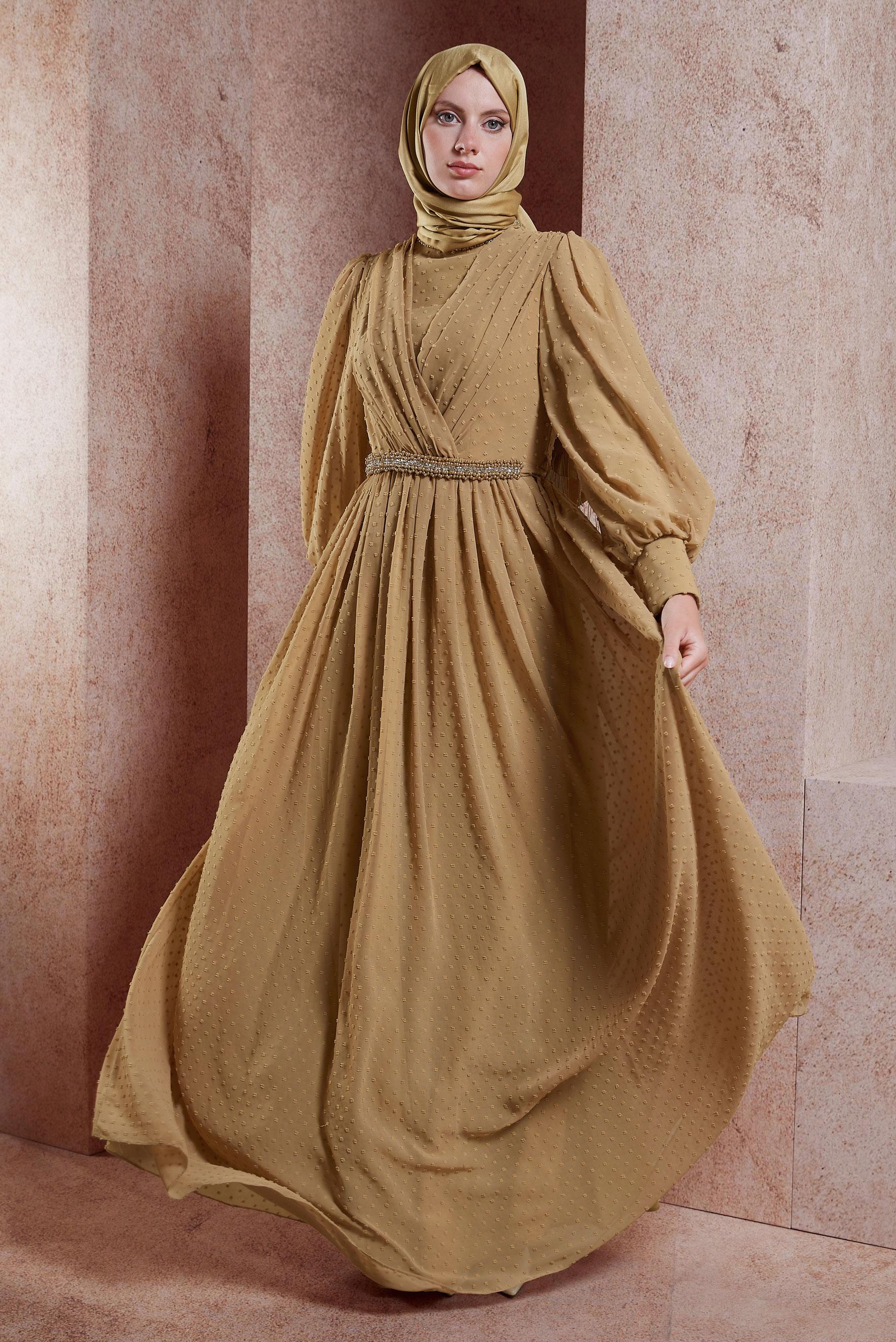 Tesettür giyim KAHVE TAŞ DETAYLI ABİYE ELBİSE 50128