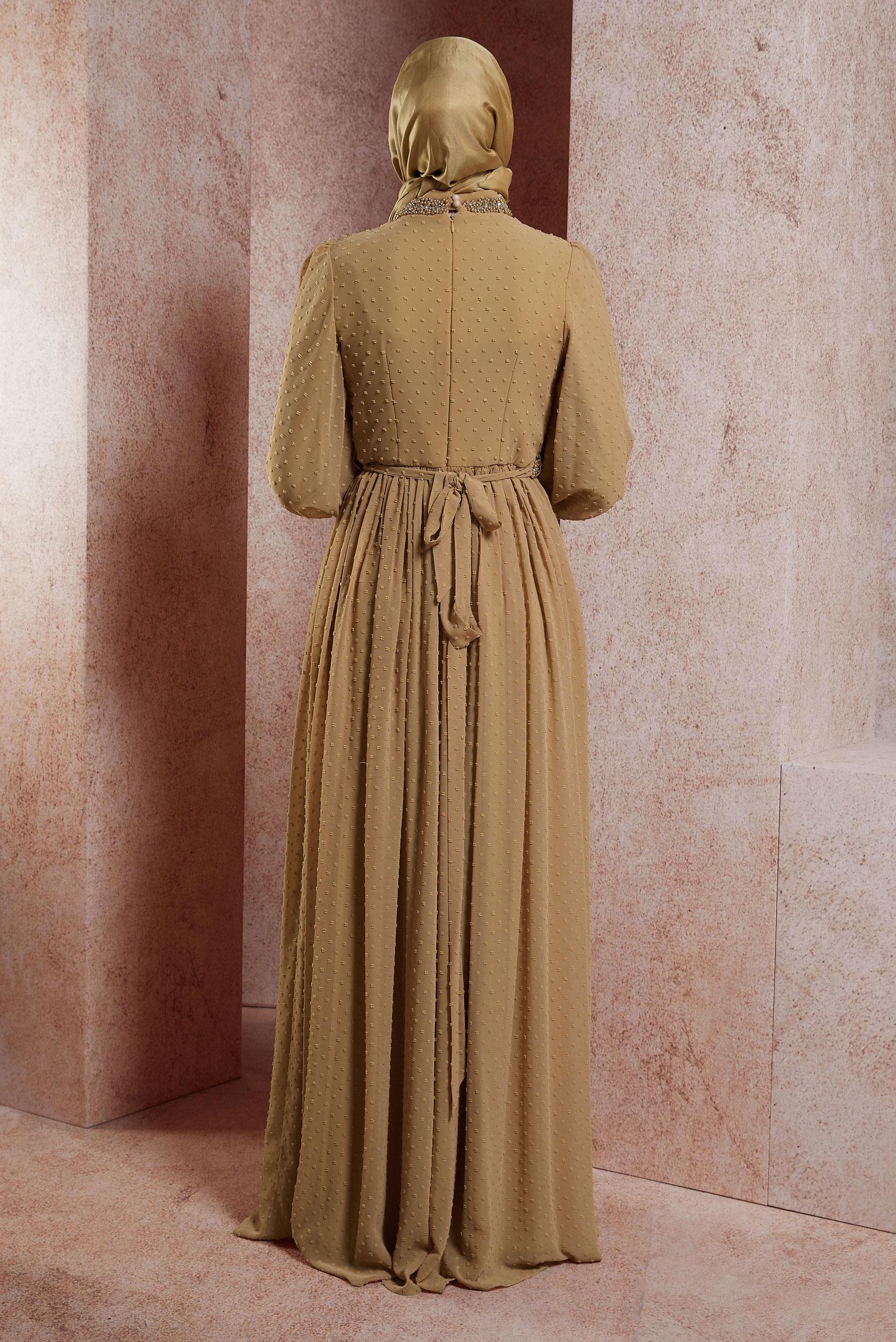 Tesettür giyim KAHVE TAŞ DETAYLI ABİYE ELBİSE 50128