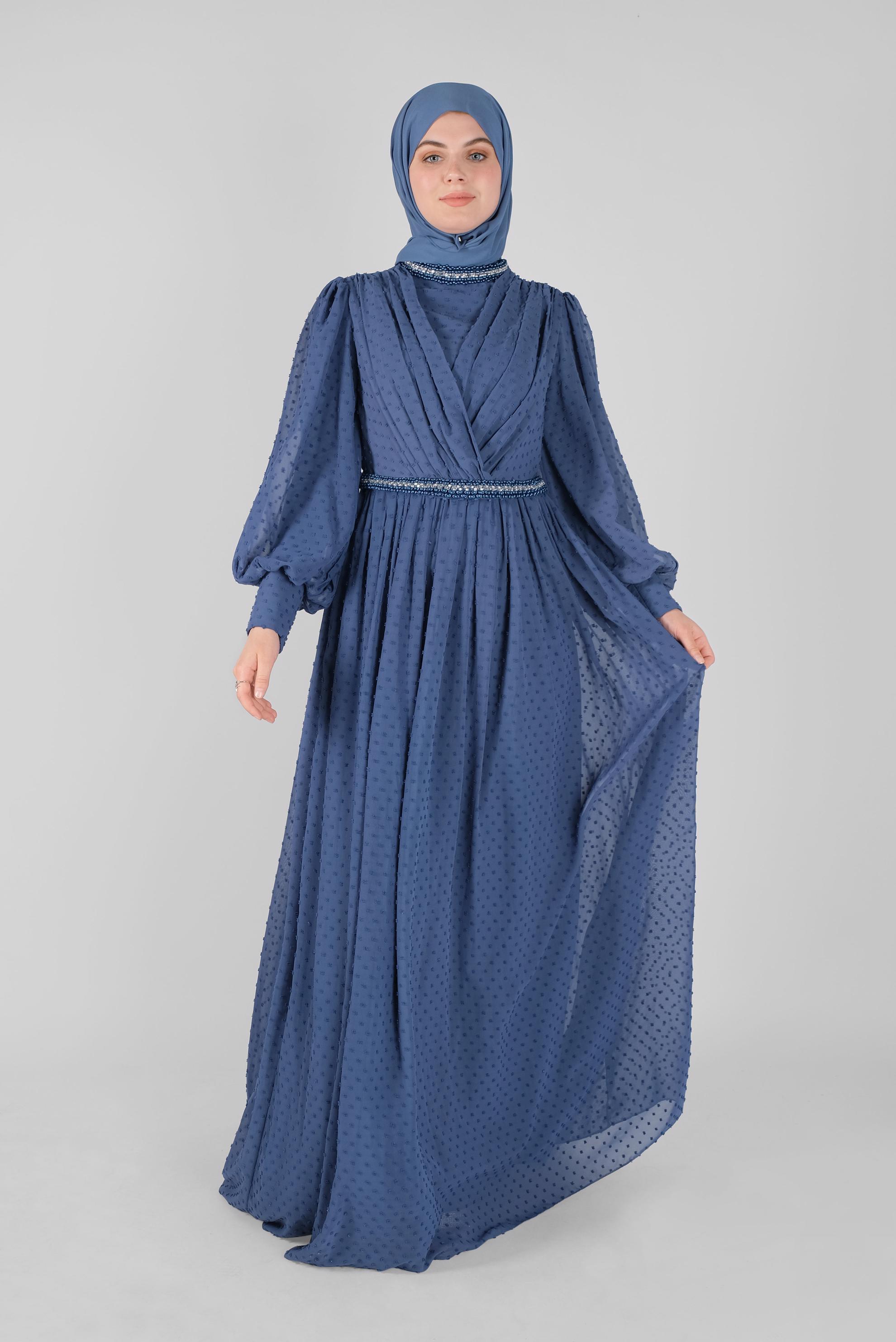 Hijab clothing NAVY BLUE GEM EMBROIDERED EVENING DRESS 50128