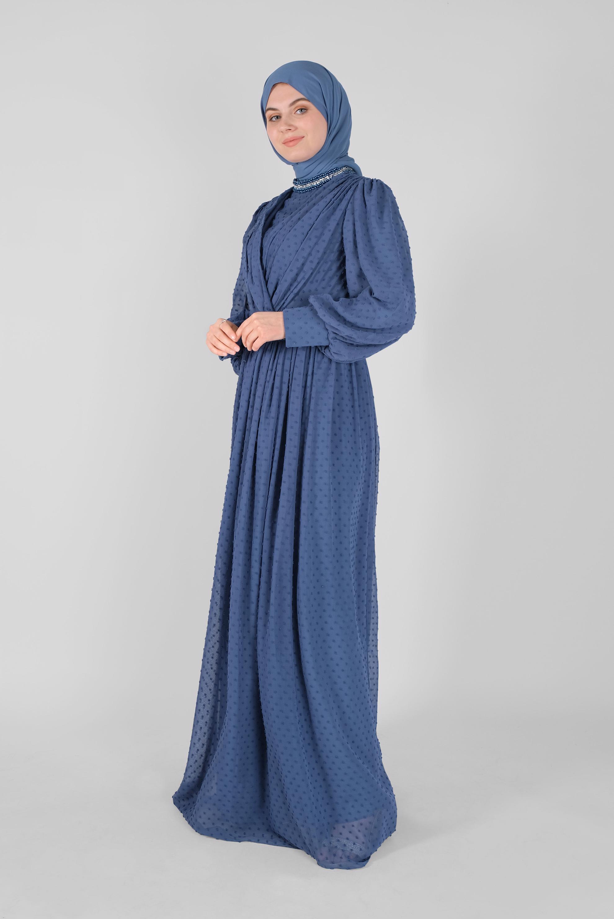 Hijab clothing NAVY BLUE GEM EMBROIDERED EVENING DRESS 50128