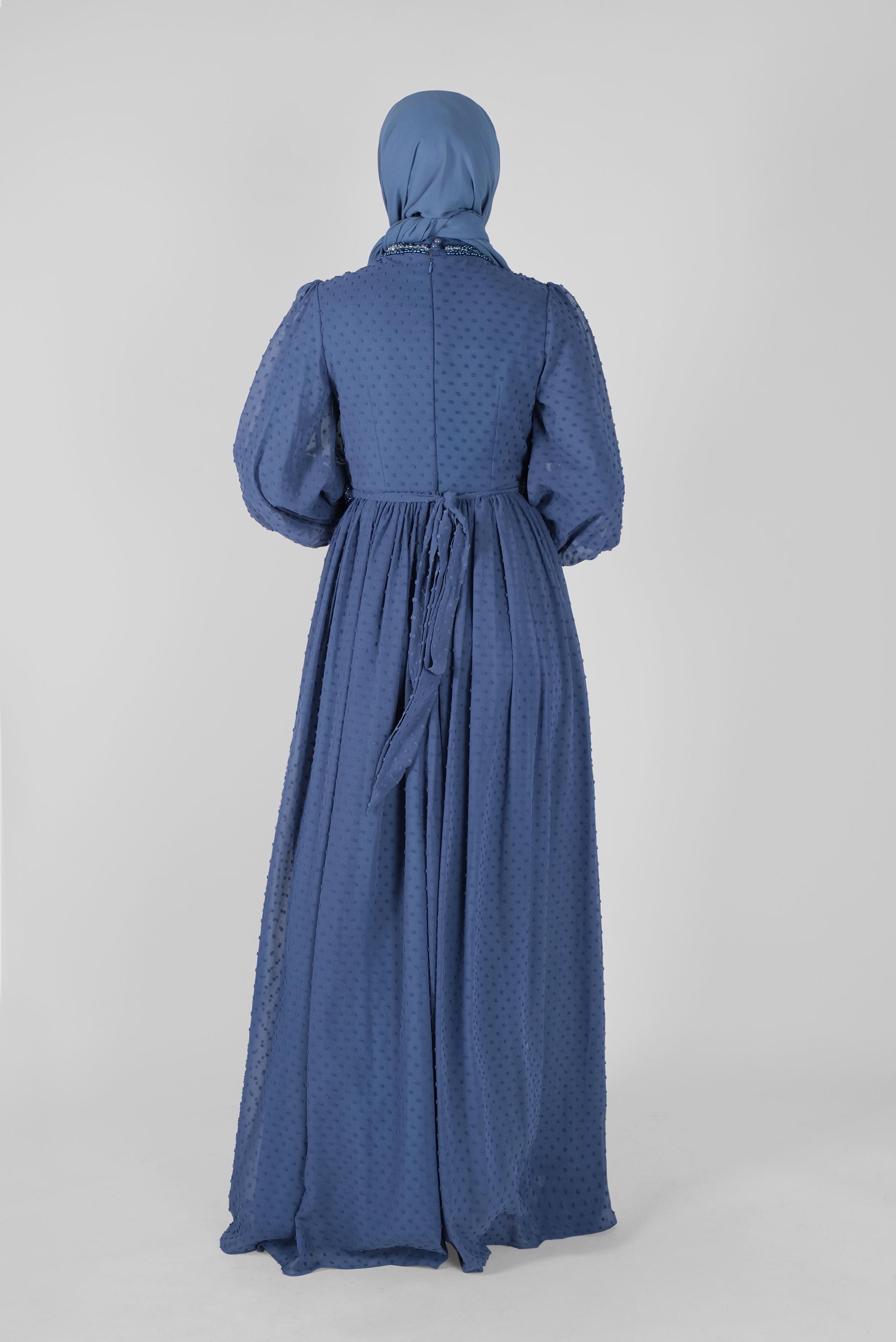 Hijab clothing NAVY BLUE GEM EMBROIDERED EVENING DRESS 50128