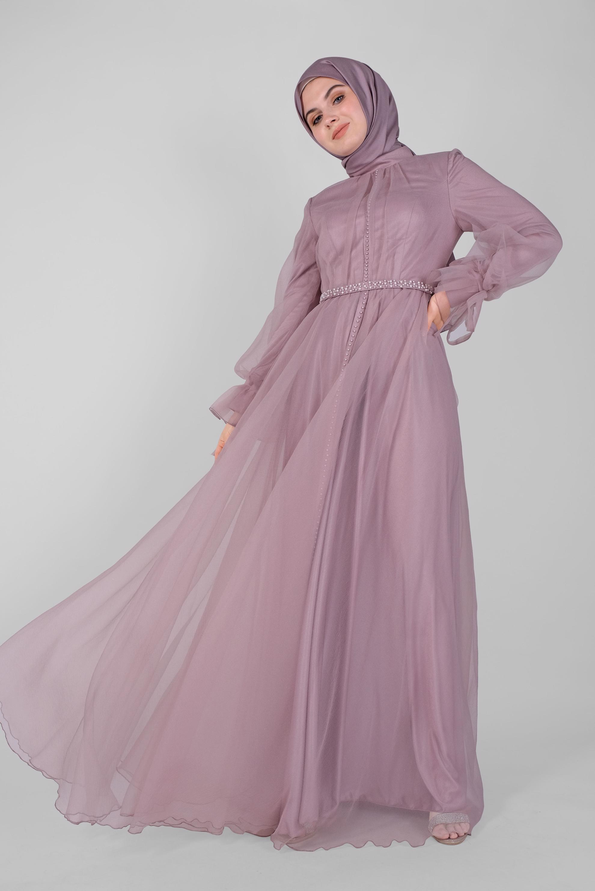 Hijab clothing PURPLE BEAD  DETAIL EMBROIDERED CHIFFON EVENING DRESS 50130 