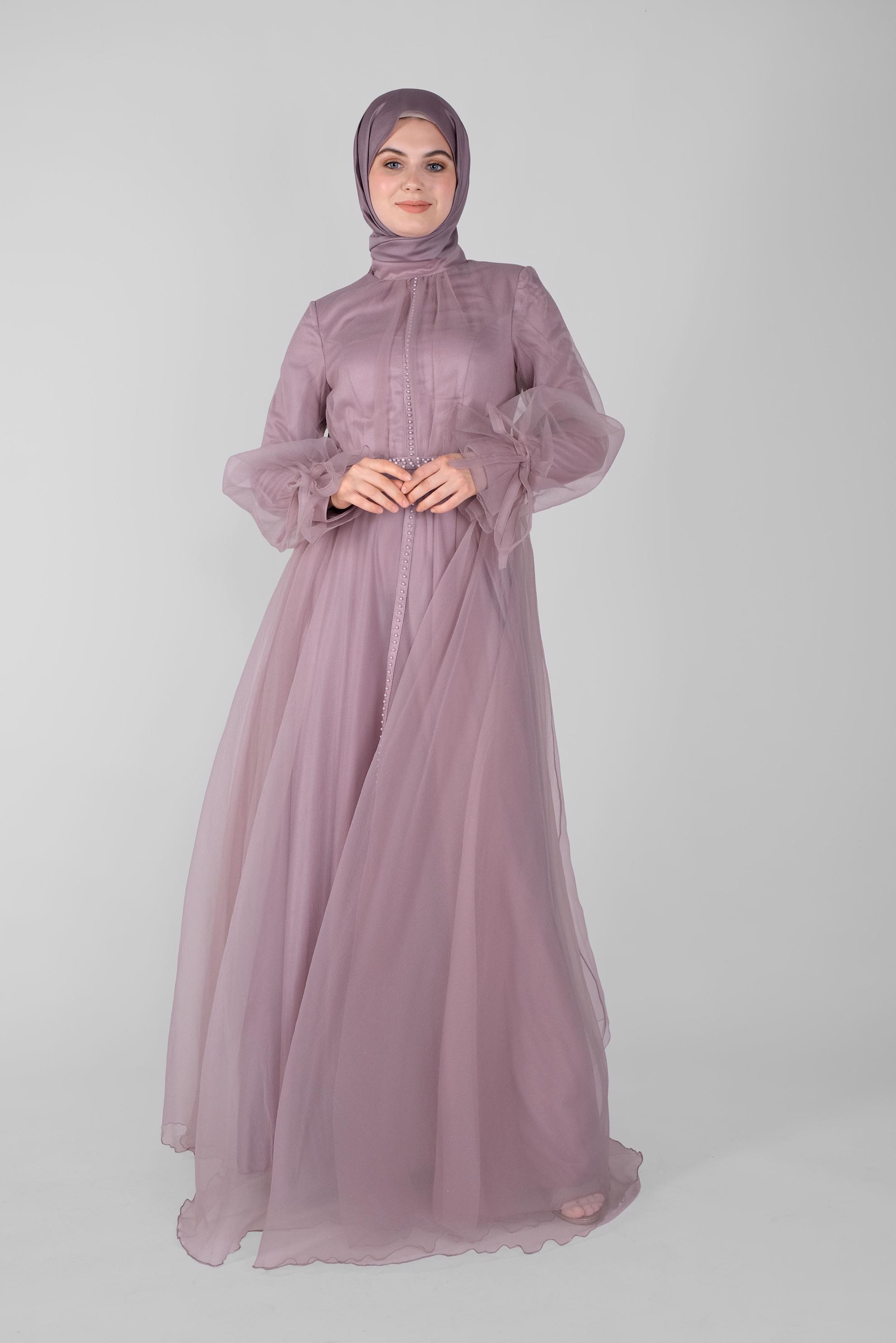 Hijab clothing PURPLE BEAD  DETAIL EMBROIDERED CHIFFON EVENING DRESS 50130 