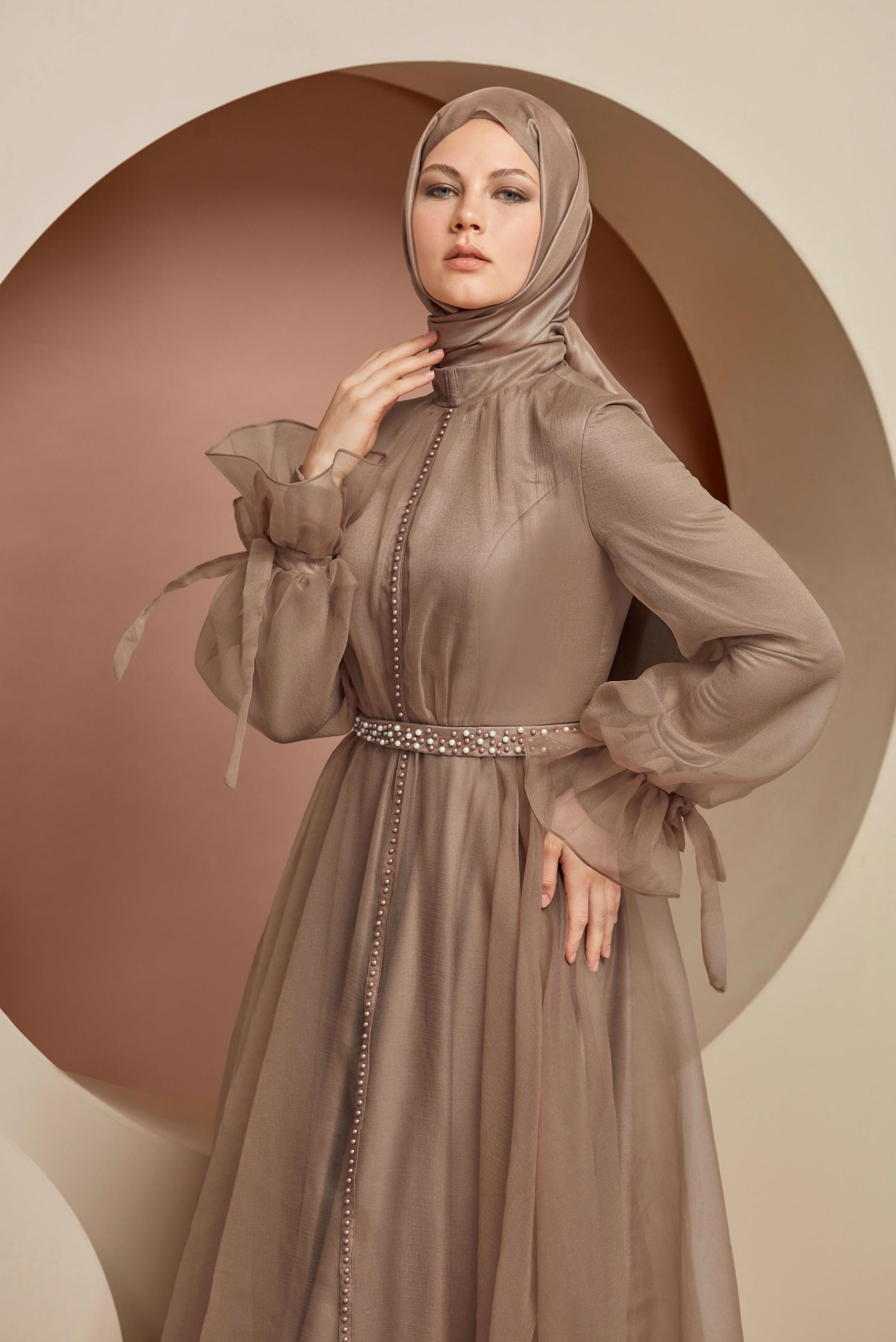 Tesettür giyim VİZON BONCUK İŞLEMELİ ŞİFON ABİYE ELBİSE 50130