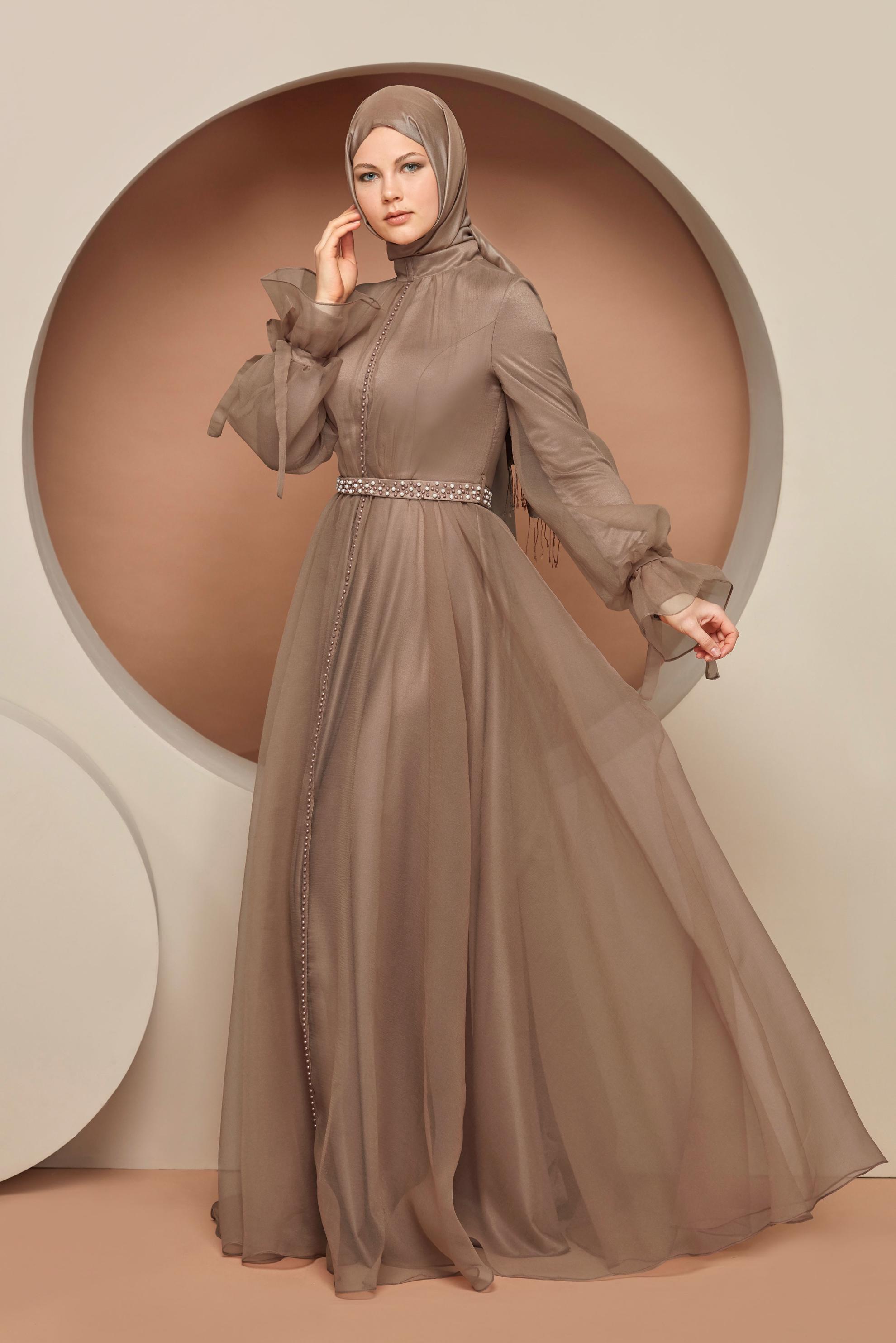 Tesettür giyim VİZON BONCUK İŞLEMELİ ŞİFON ABİYE ELBİSE 50130