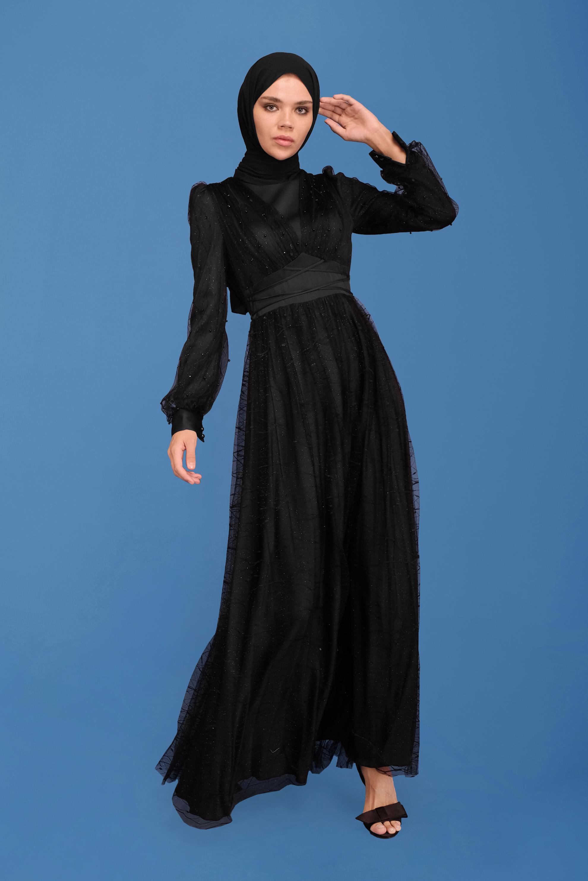 Hijab clothing BLACK BEAD EMBROIDERED EVENING DRESS 50131 