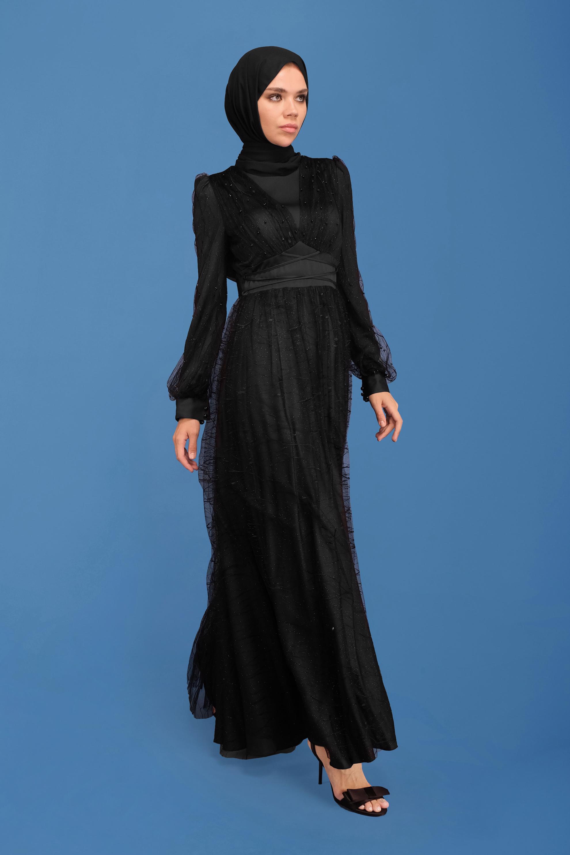 Hijab clothing BLACK BEAD EMBROIDERED EVENING DRESS 50131 