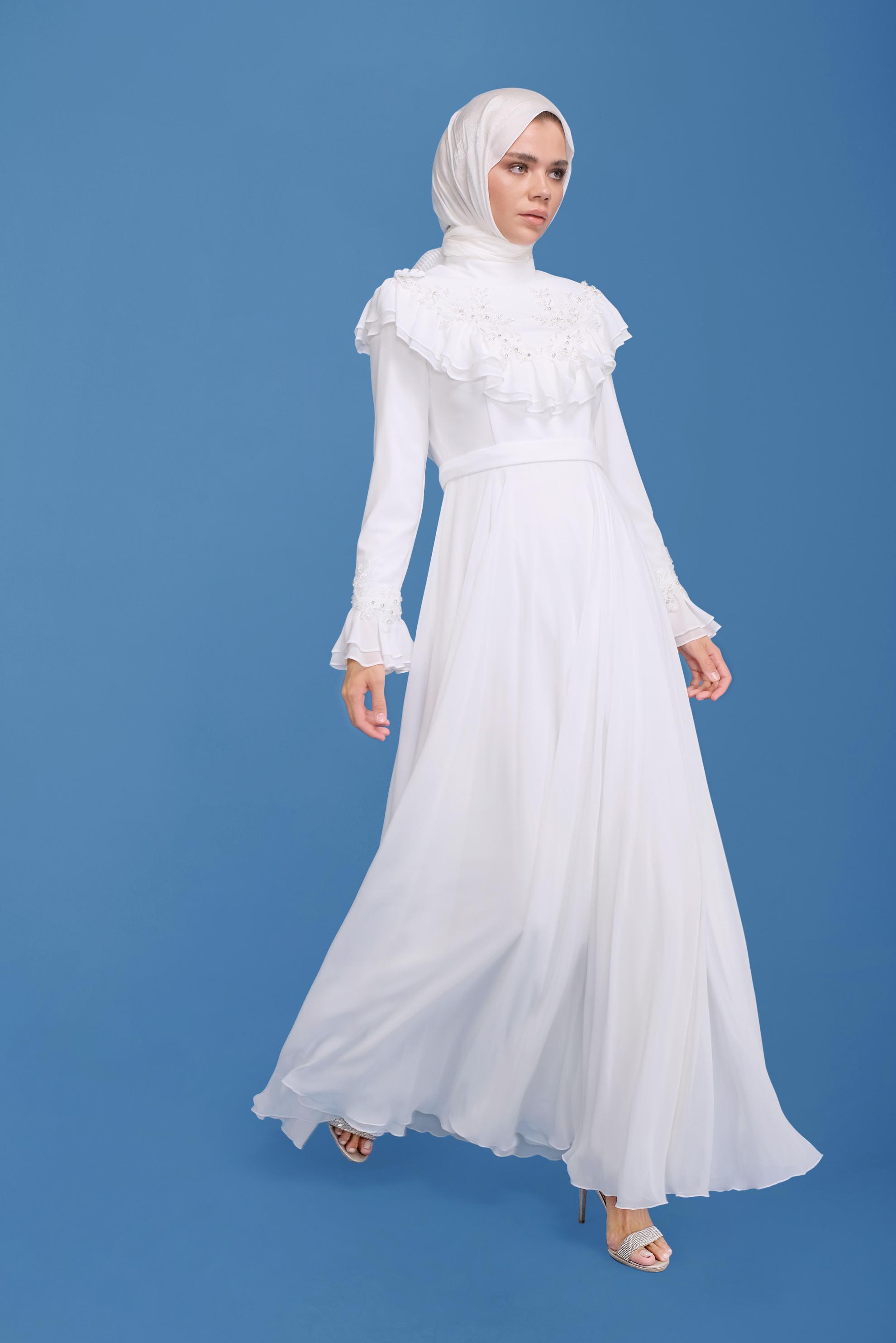 Hijab clothing WHITE CHIFFON EVENING DRESS 50135