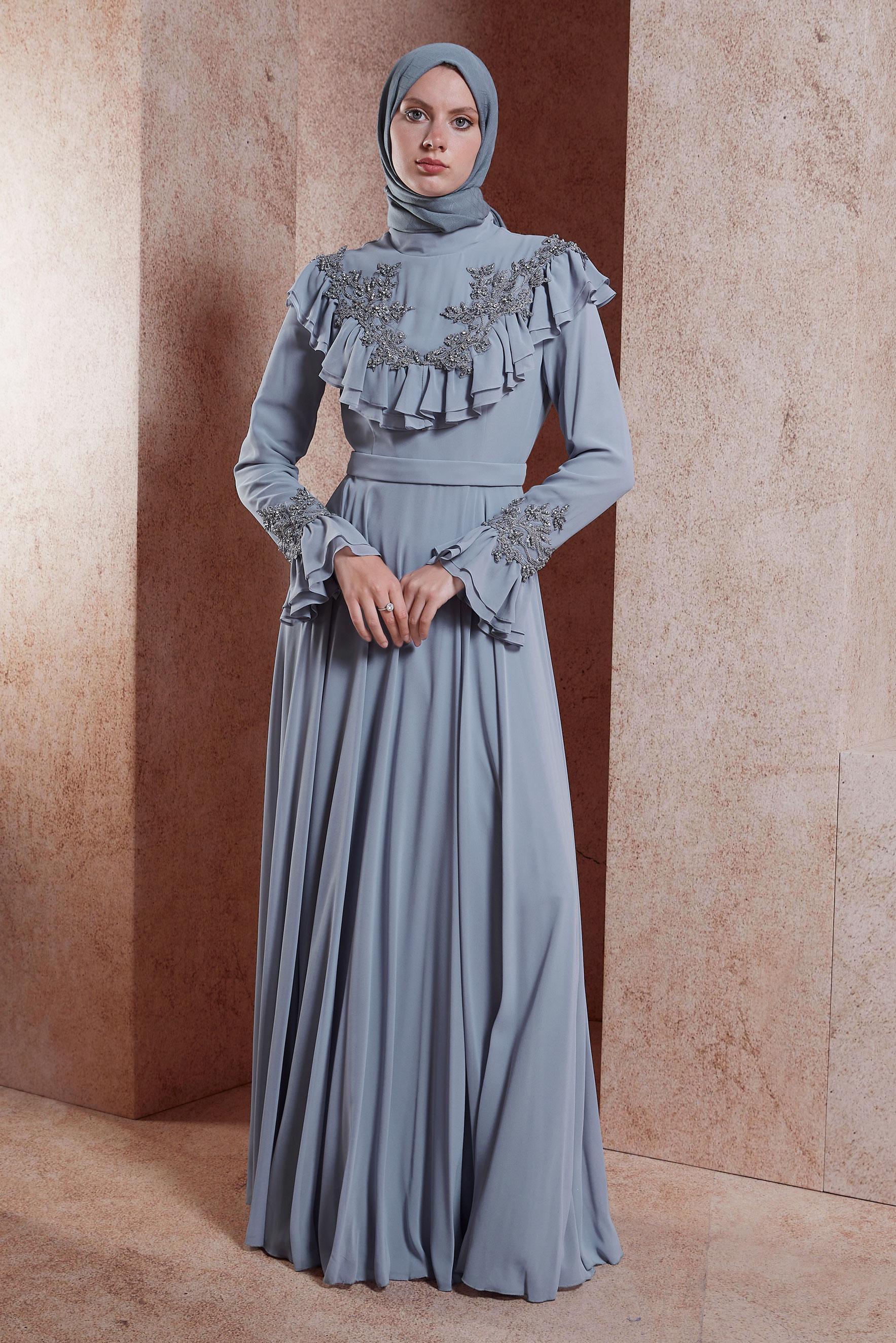 Tesettür giyim GRİ FIRFIR DETAYLI ABİYE ELBİSE 50135