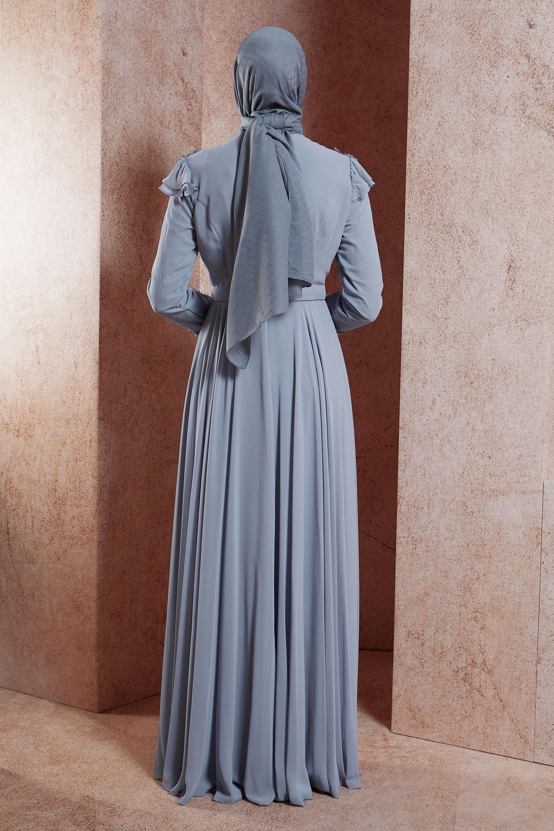 Tesettür giyim GRİ FIRFIR DETAYLI ABİYE ELBİSE 50135