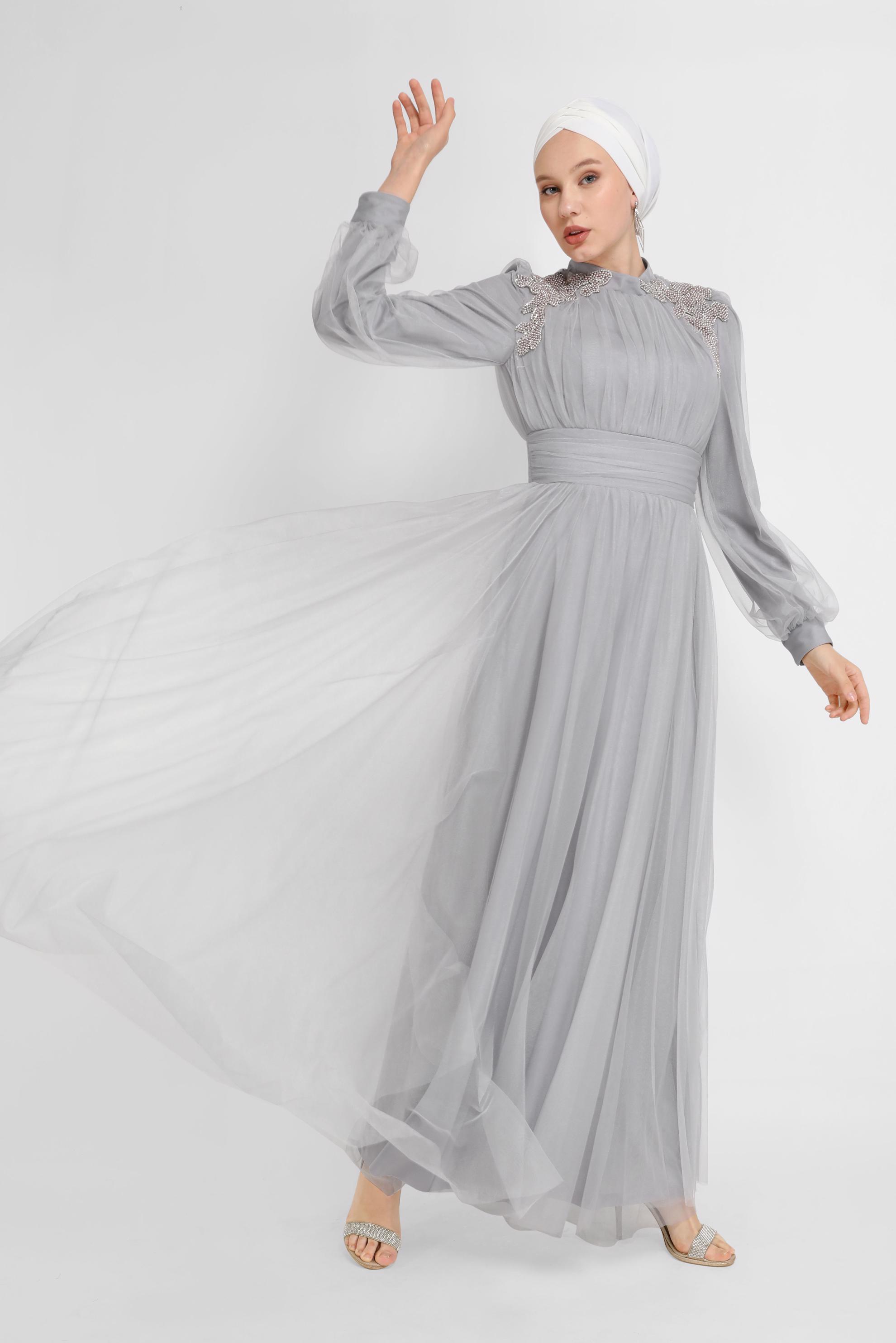 Hijab clothing GREY EMBROIDERY DETAIL TULLE EVENING DRESS 50141 