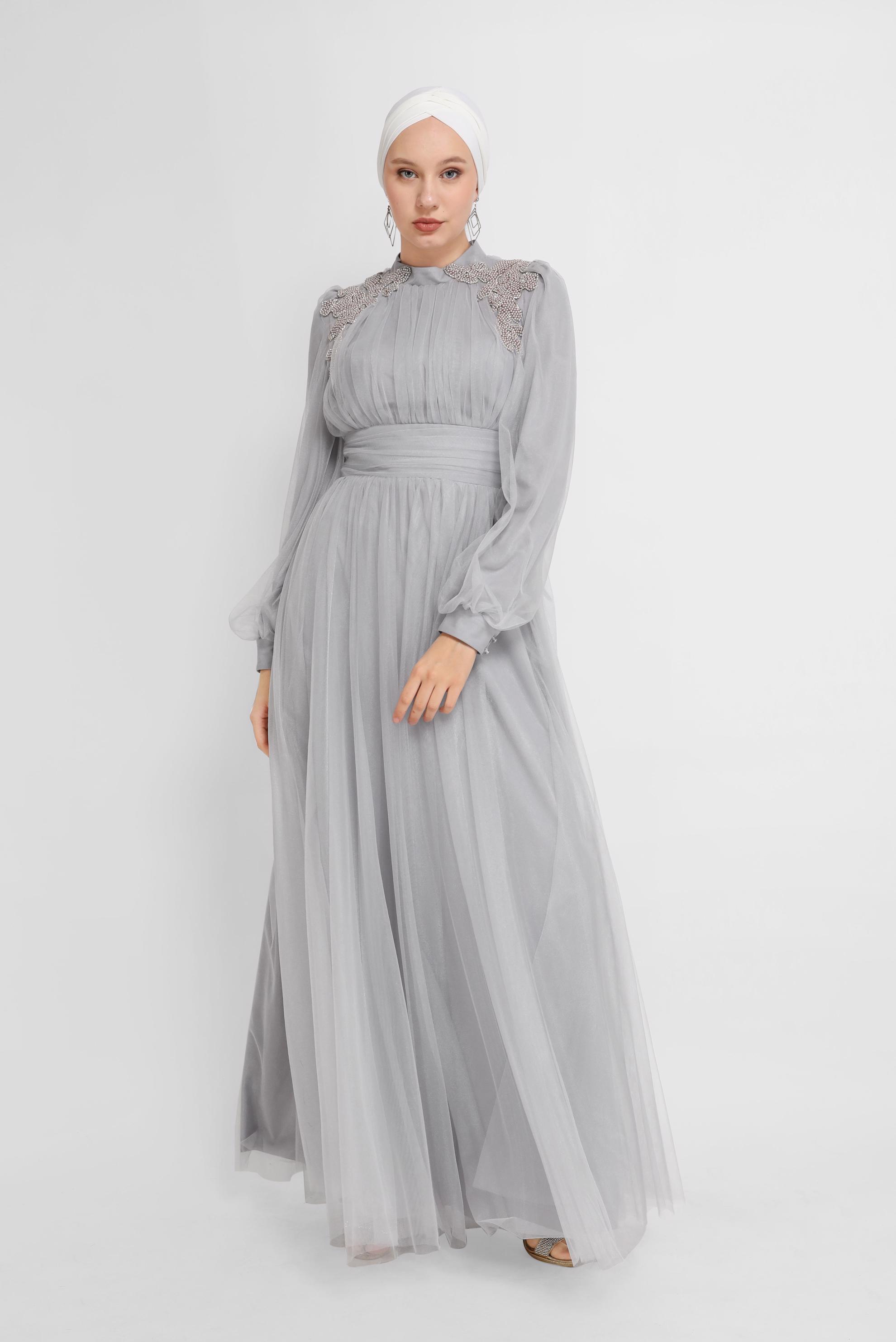 Hijab clothing GREY EMBROIDERY DETAIL TULLE EVENING DRESS 50141 