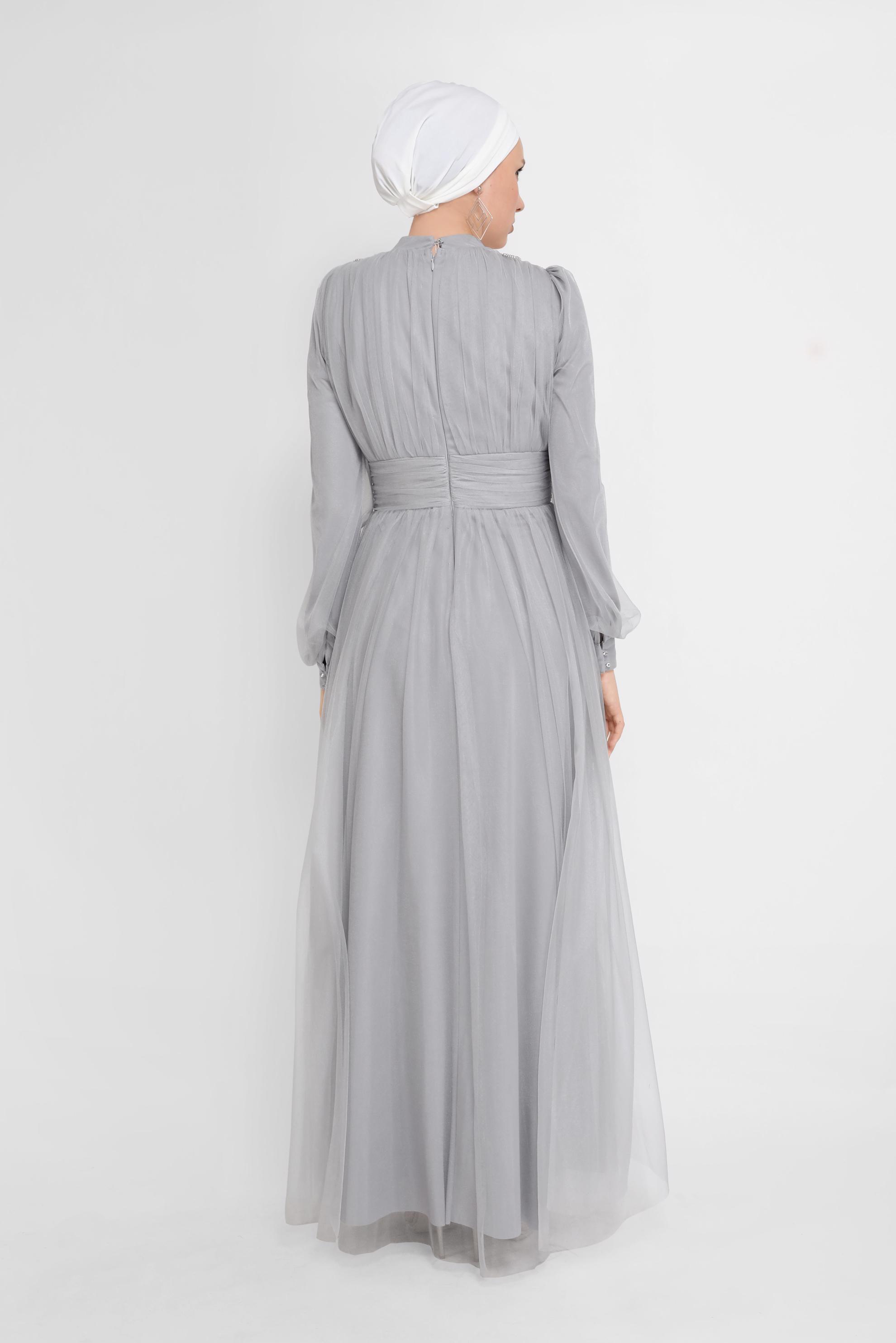 Hijab clothing GREY EMBROIDERY DETAIL TULLE EVENING DRESS 50141 