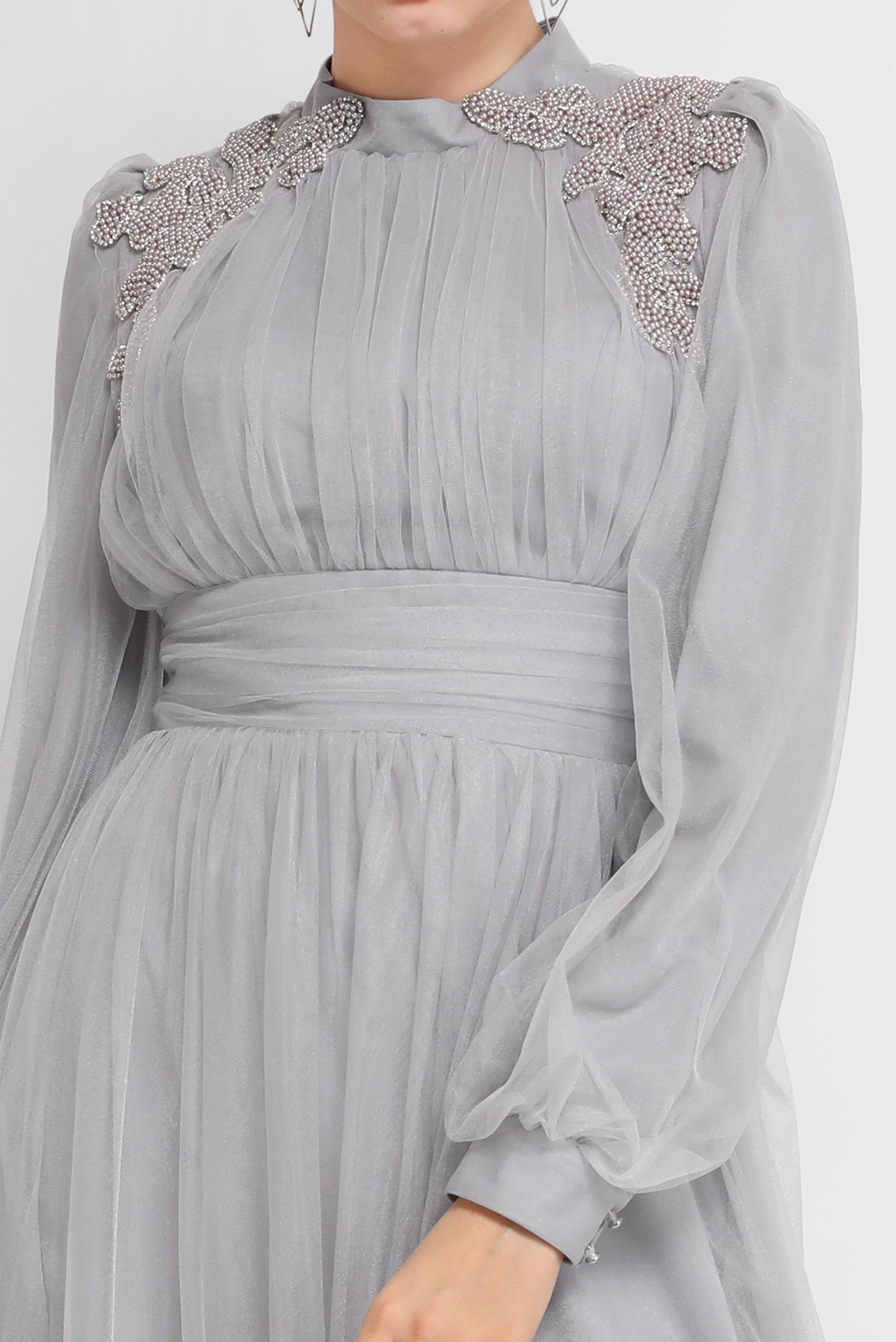 Hijab clothing GREY EMBROIDERY DETAIL TULLE EVENING DRESS 50141 