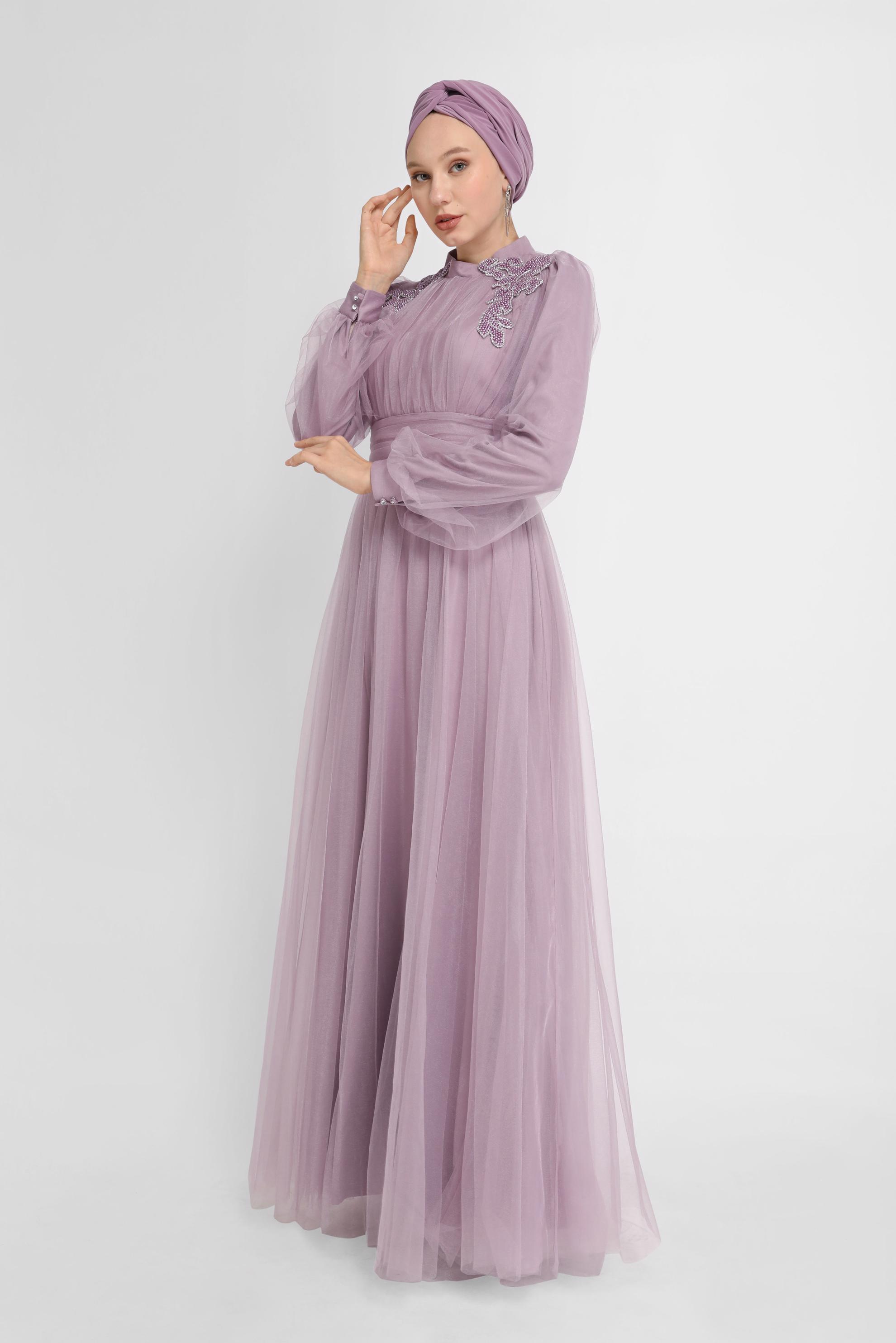Hijab clothing PURPLE EMBROIDERY DETAIL TULLE EVENING DRESS 50141 