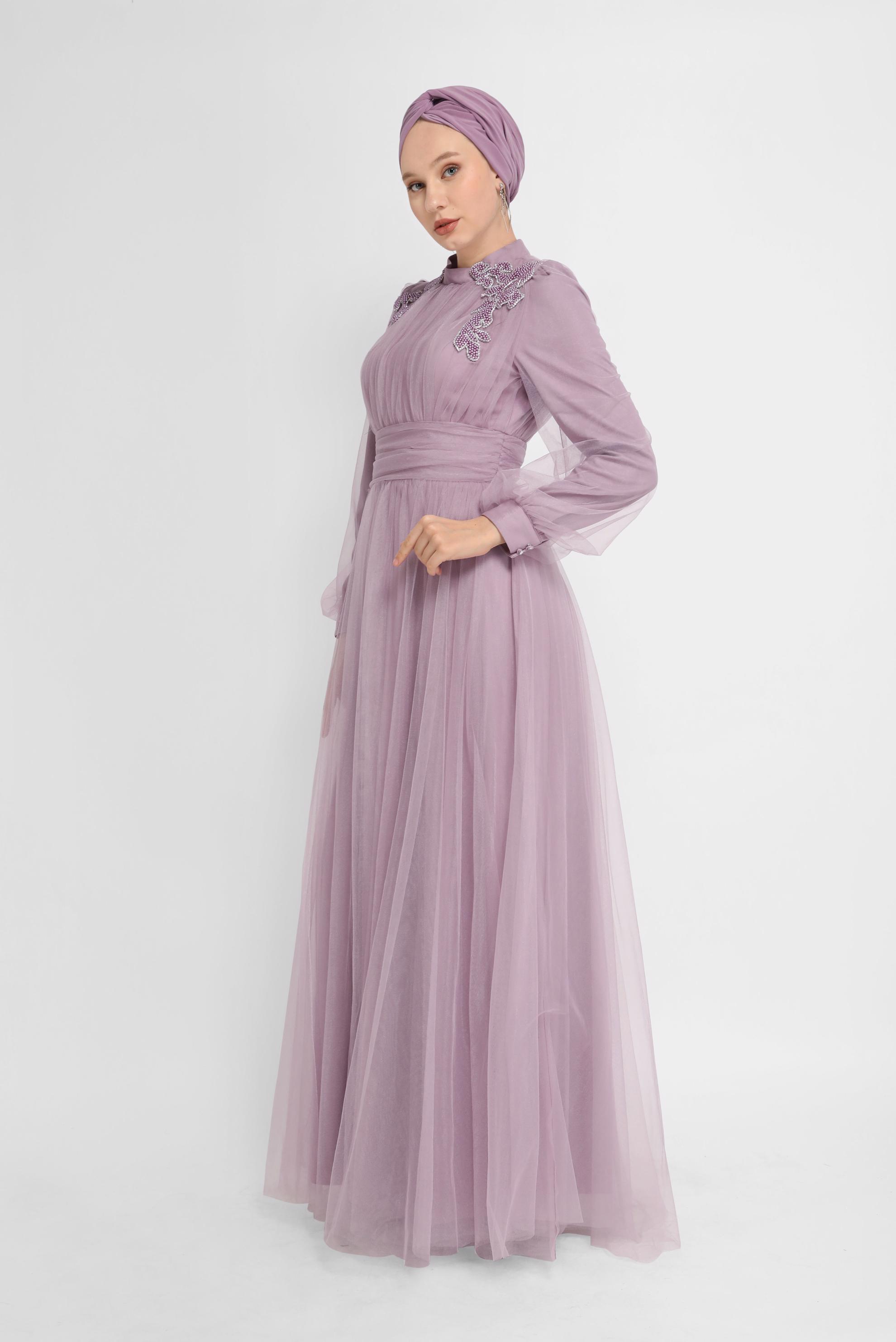 Hijab clothing PURPLE EMBROIDERY DETAIL TULLE EVENING DRESS 50141 