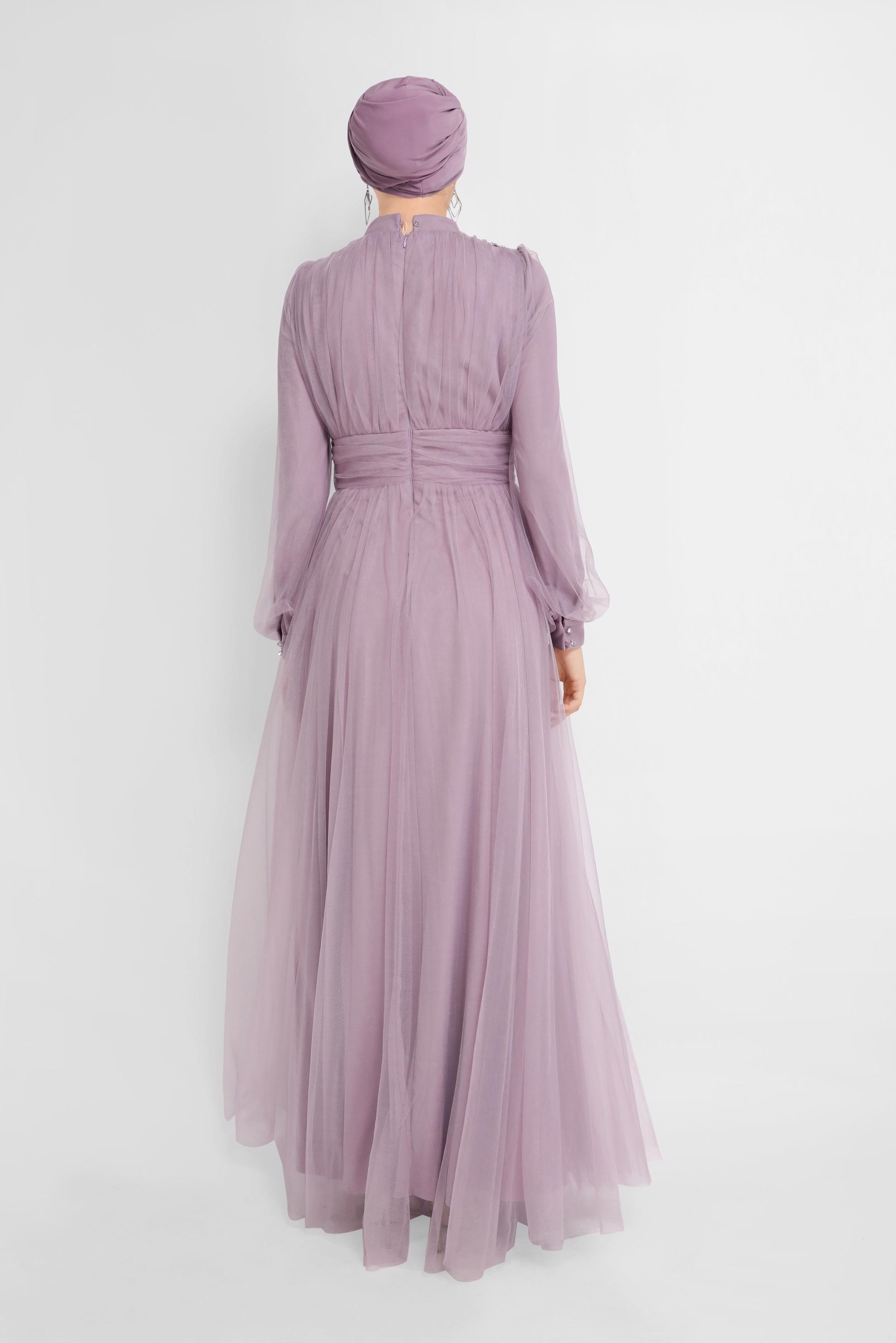 Hijab clothing PURPLE EMBROIDERY DETAIL TULLE EVENING DRESS 50141 