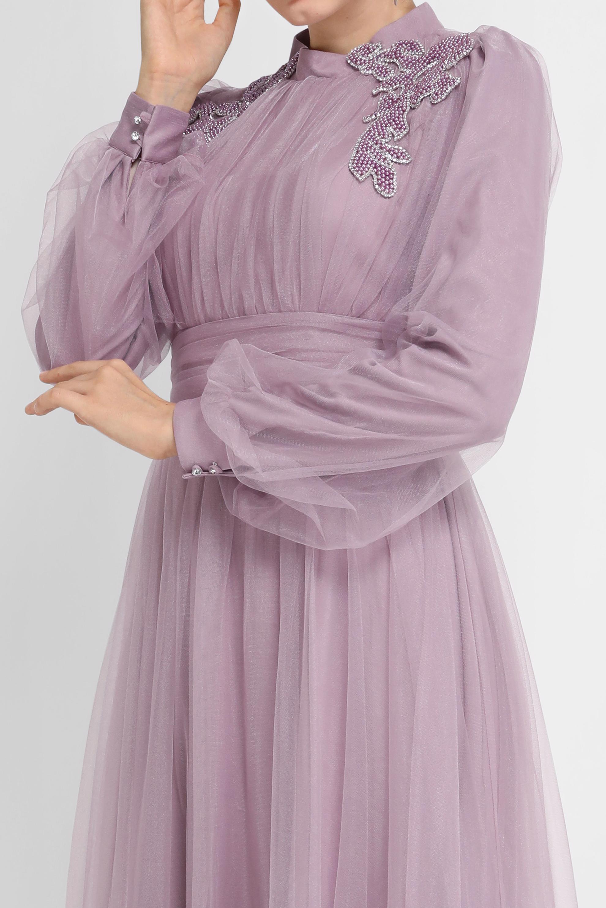 Hijab clothing PURPLE EMBROIDERY DETAIL TULLE EVENING DRESS 50141 