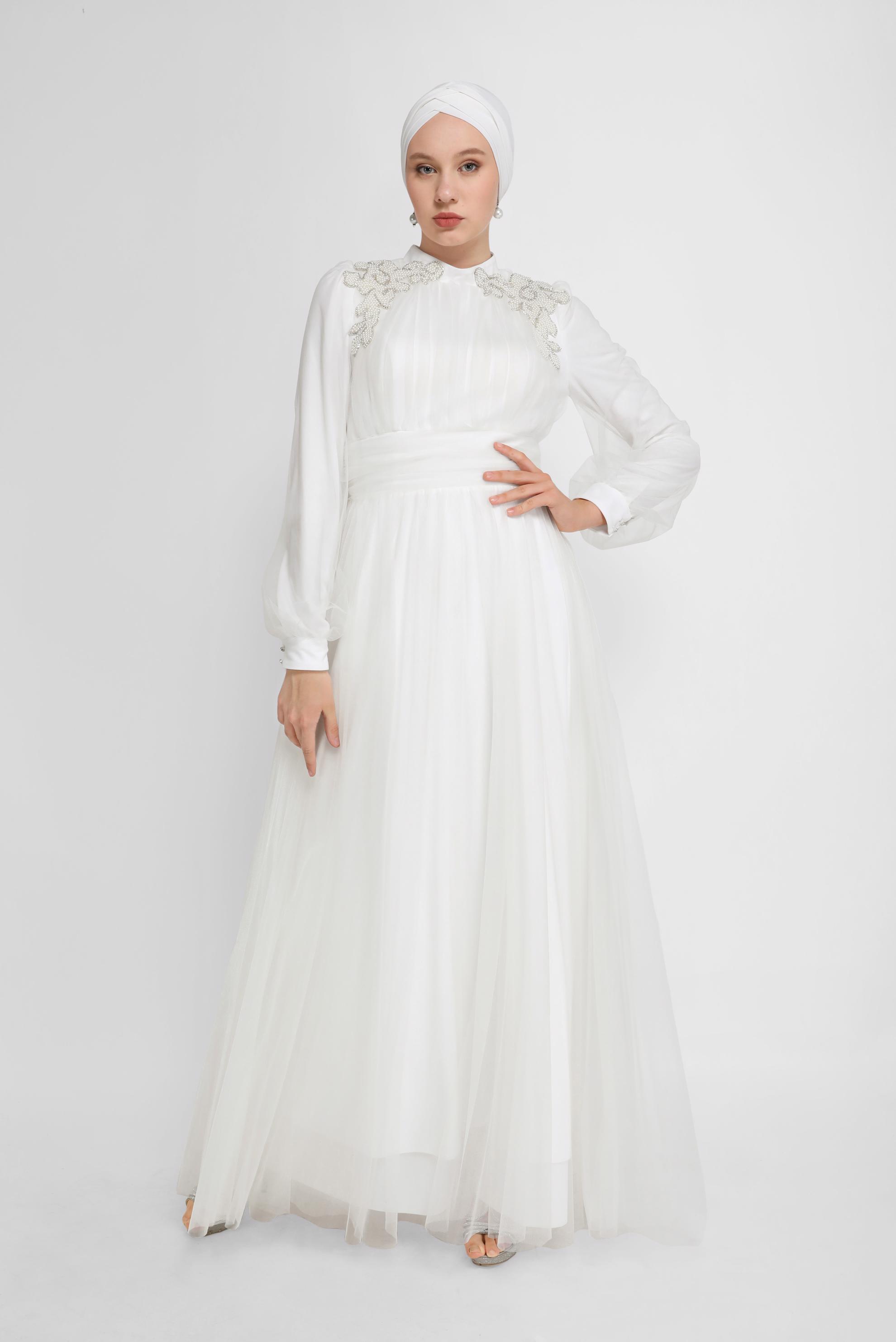 Hijab clothing POWDER EMBROIDERY DETAIL TULLE EVENING DRESS 50141 