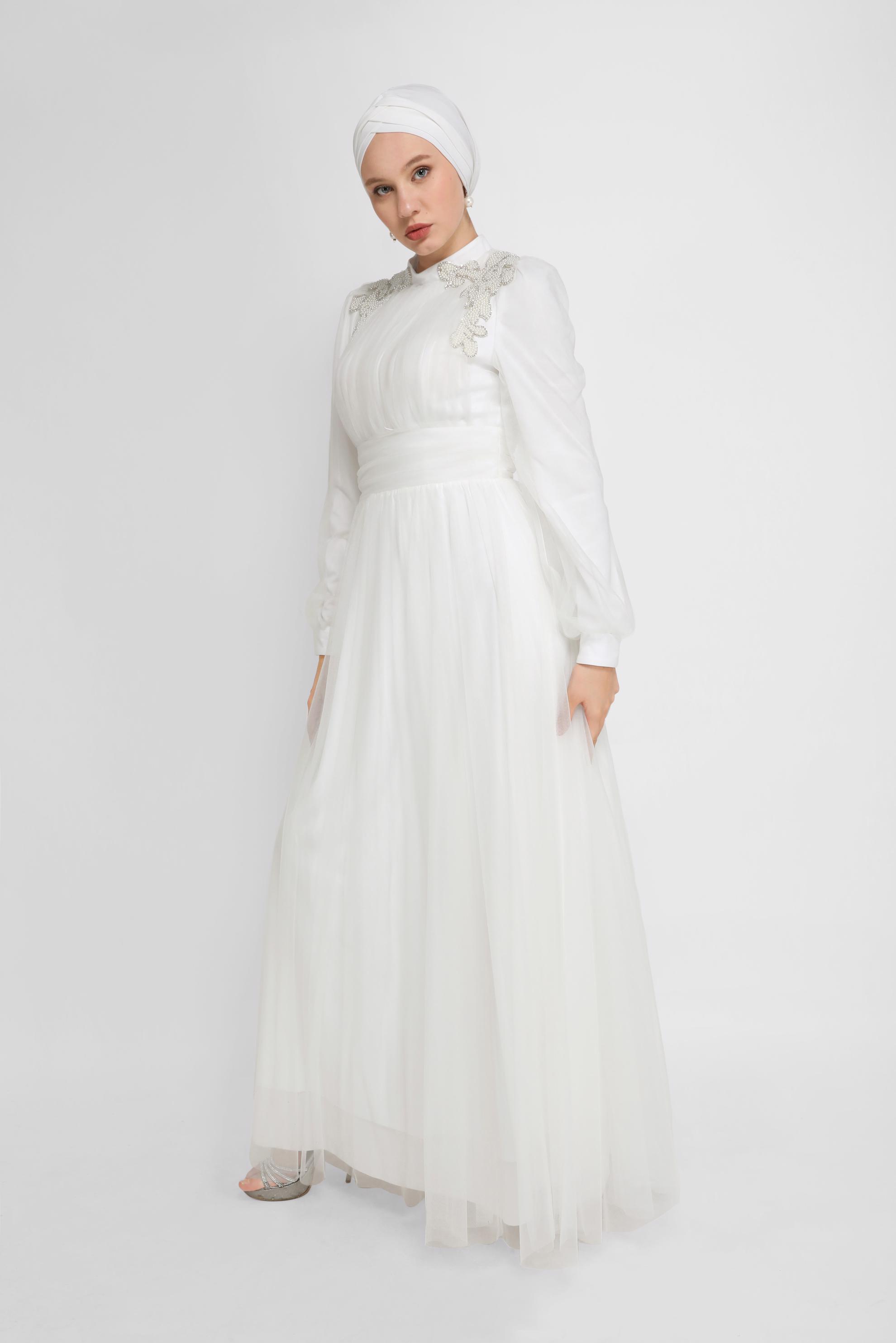 Hijab clothing POWDER EMBROIDERY DETAIL TULLE EVENING DRESS 50141 