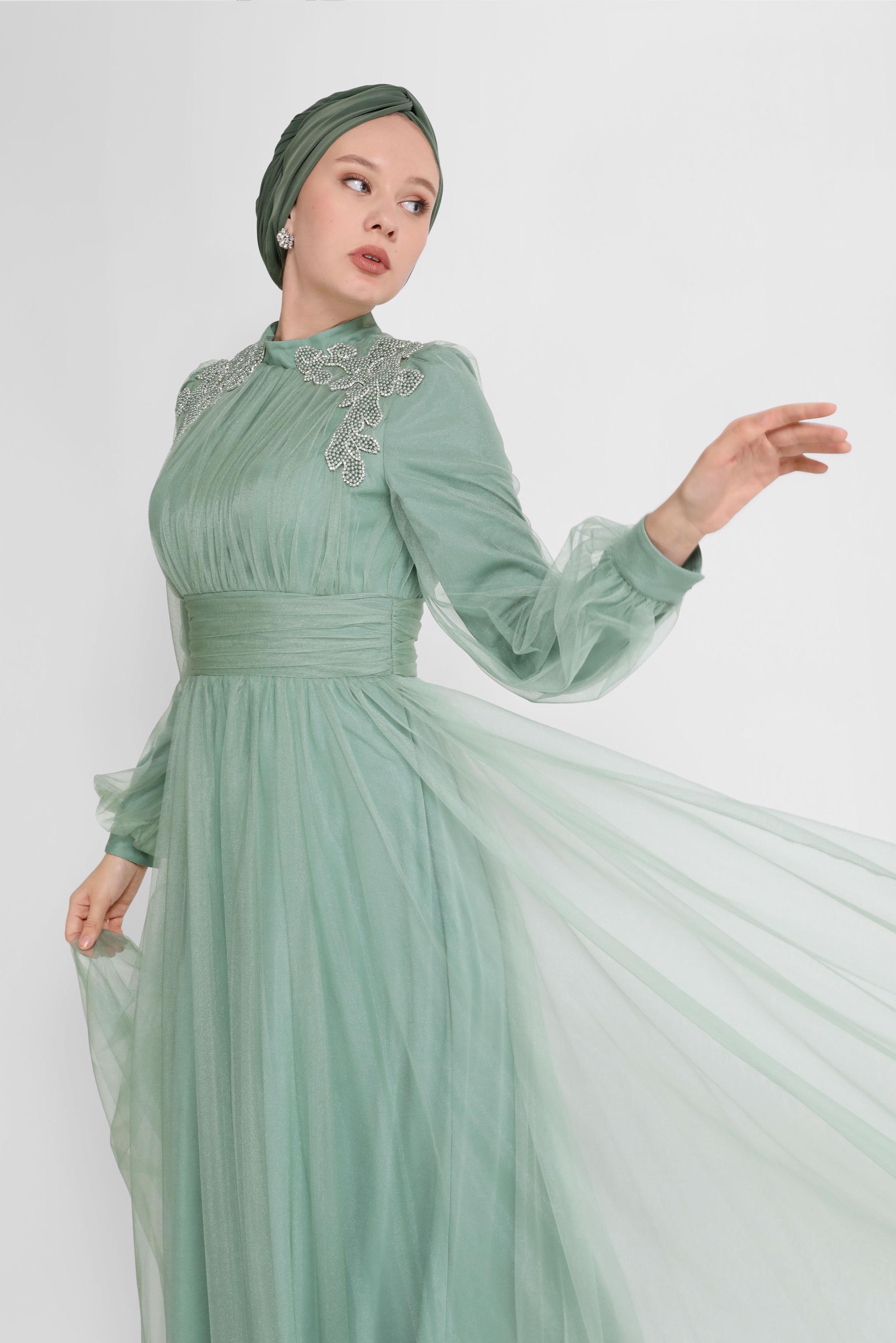 Tesettür giyim YEŞİL İŞLEME DETAYLI TÜL ABİYE 50141 