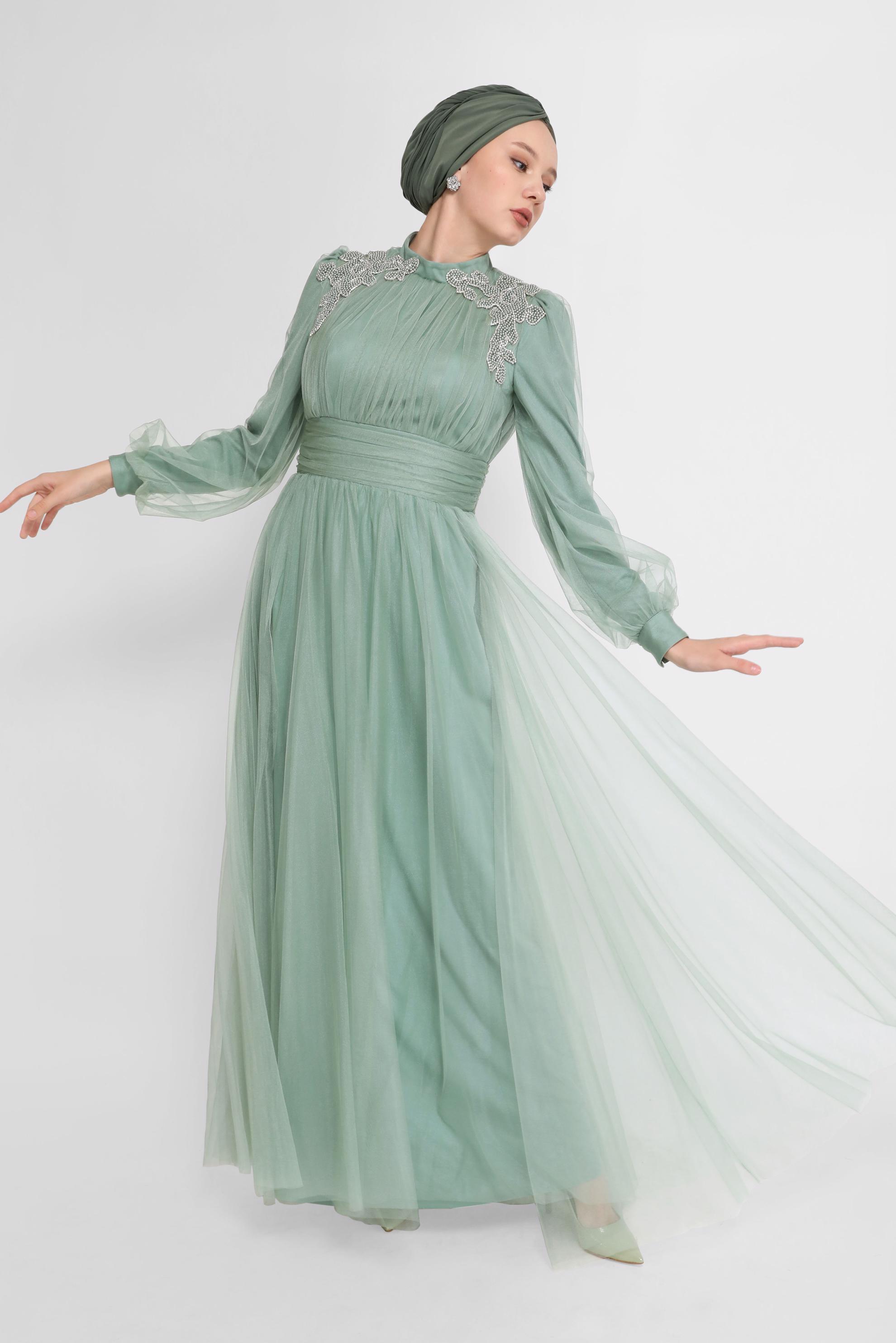 Tesettür giyim YEŞİL İŞLEME DETAYLI TÜL ABİYE 50141 