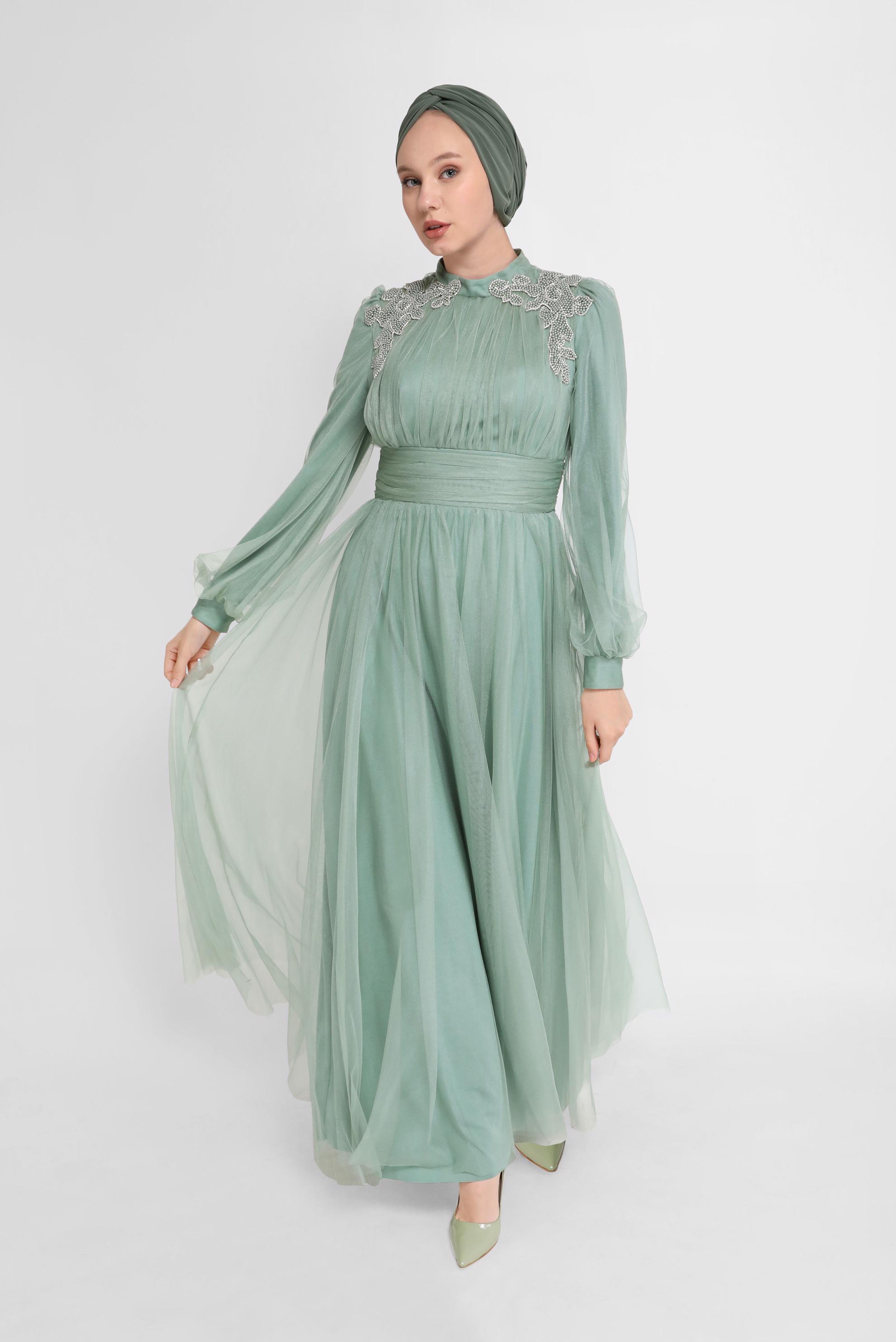 Tesettür giyim YEŞİL İŞLEME DETAYLI TÜL ABİYE 50141 