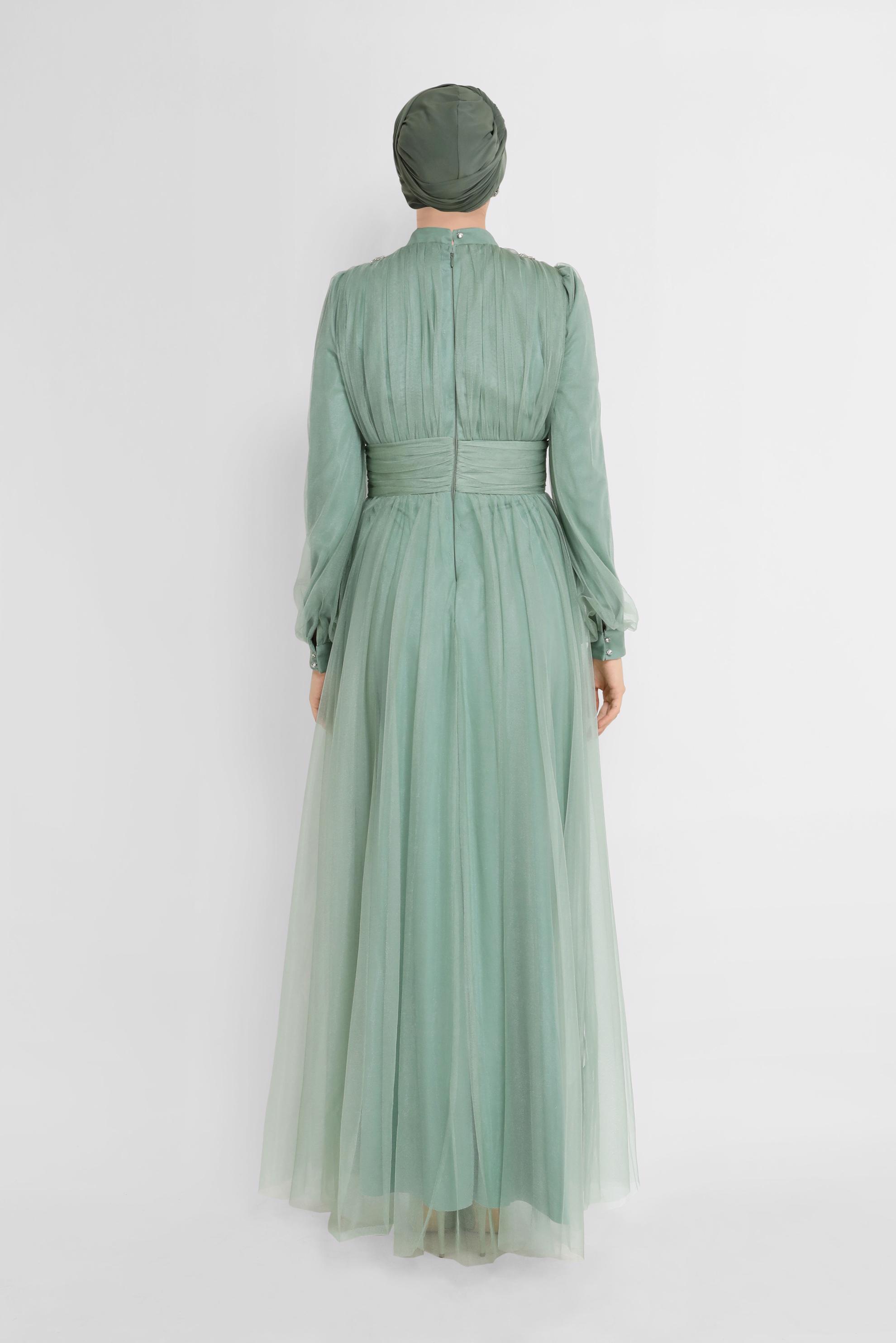 Tesettür giyim YEŞİL İŞLEME DETAYLI TÜL ABİYE 50141 