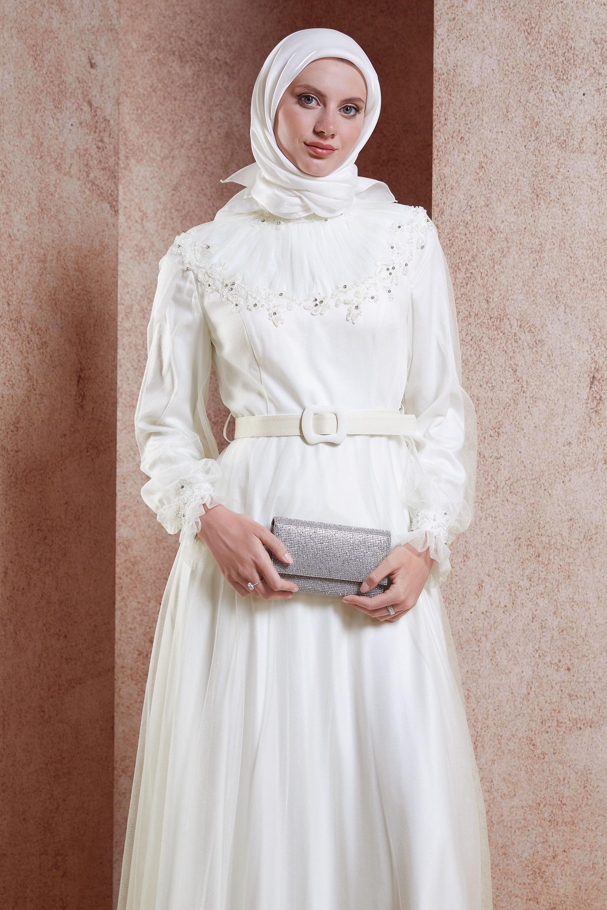 Tesettür giyim PUDRA KEMERLİ TESETTÜR ABİYE ELBİSE 50153