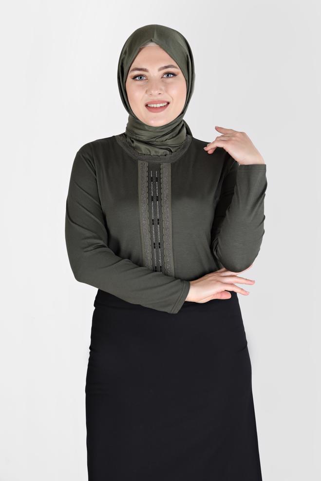 Vêtements hijab KAKI BLOUSE IMPRIMÉ PIERRE 20153 - ALVİNA