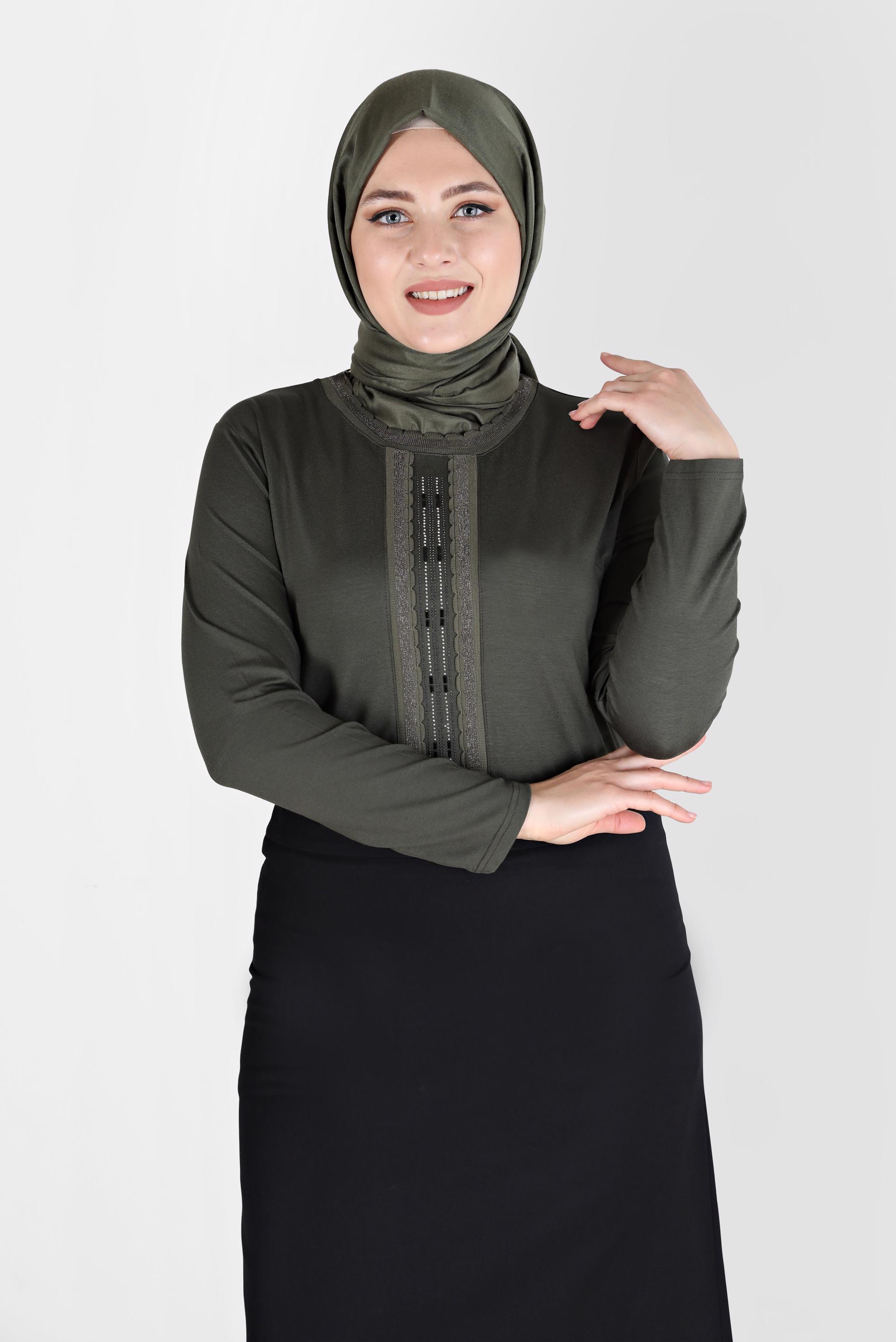 Tesettür giyim HAKİ TAŞ BASKILI BLUZ  20153