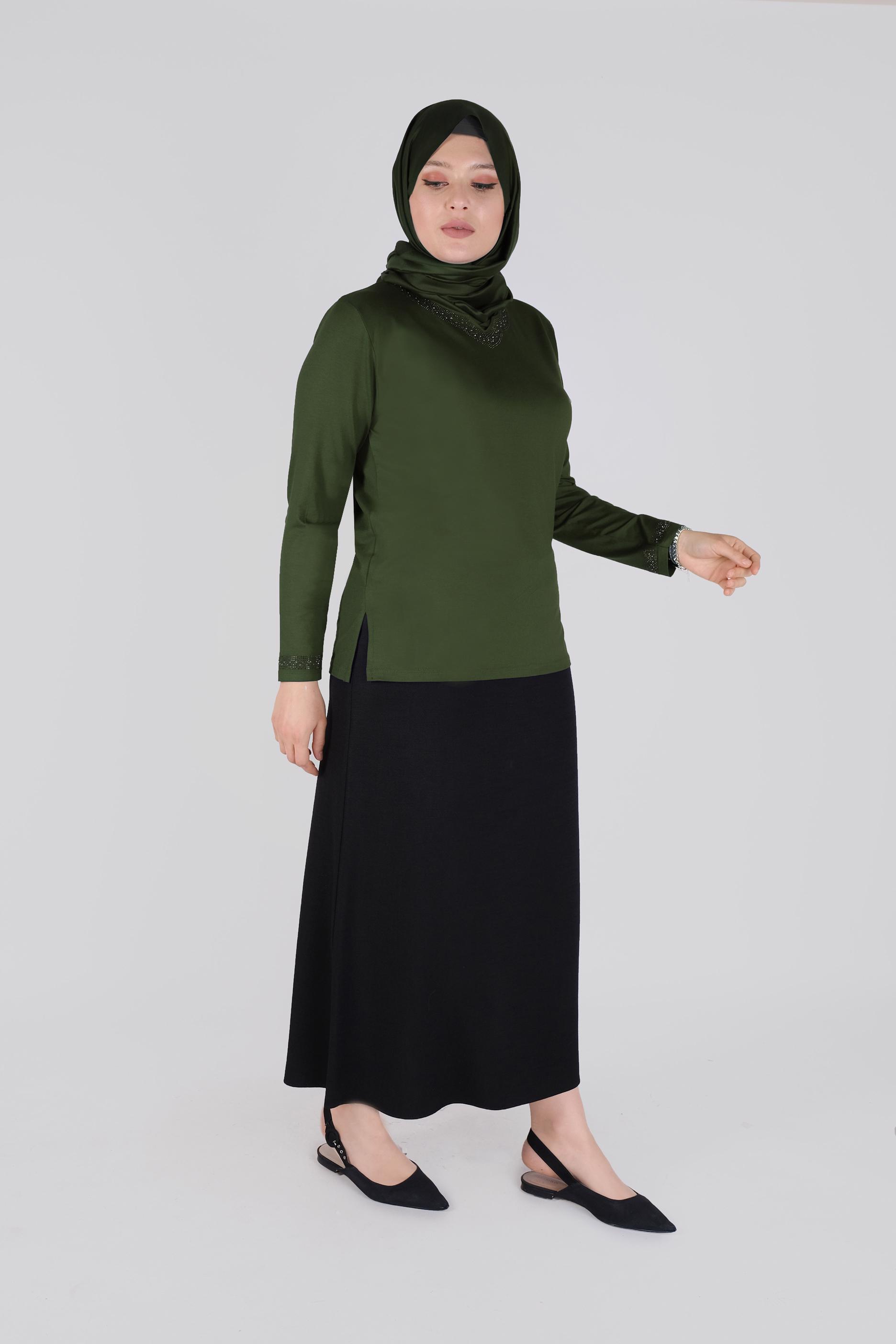 Tesettür giyim HAKİ ÖRME VİSKON BLUZ 20155 