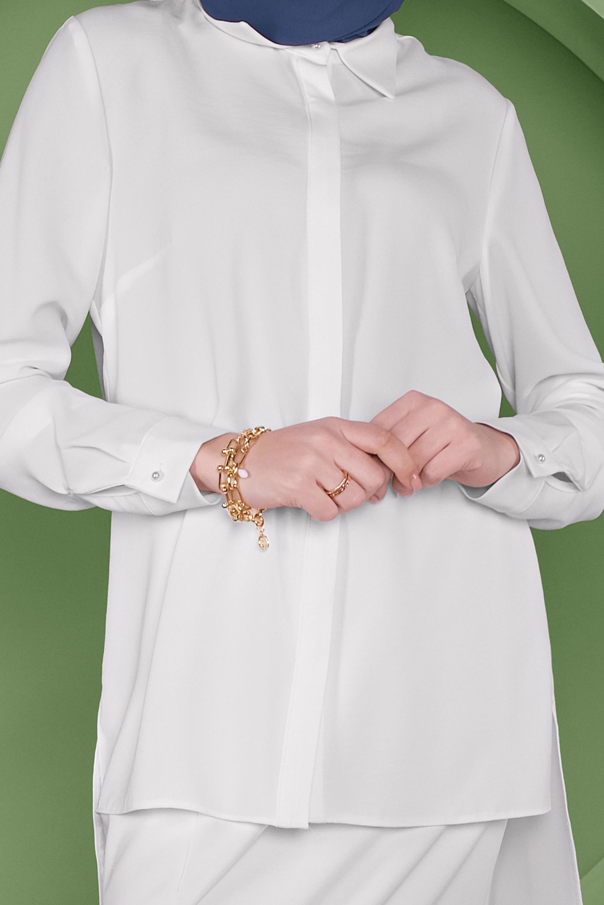 Tesettür giyim BEYAZ GİZLİ DÜĞMELİ BLUZ 40716