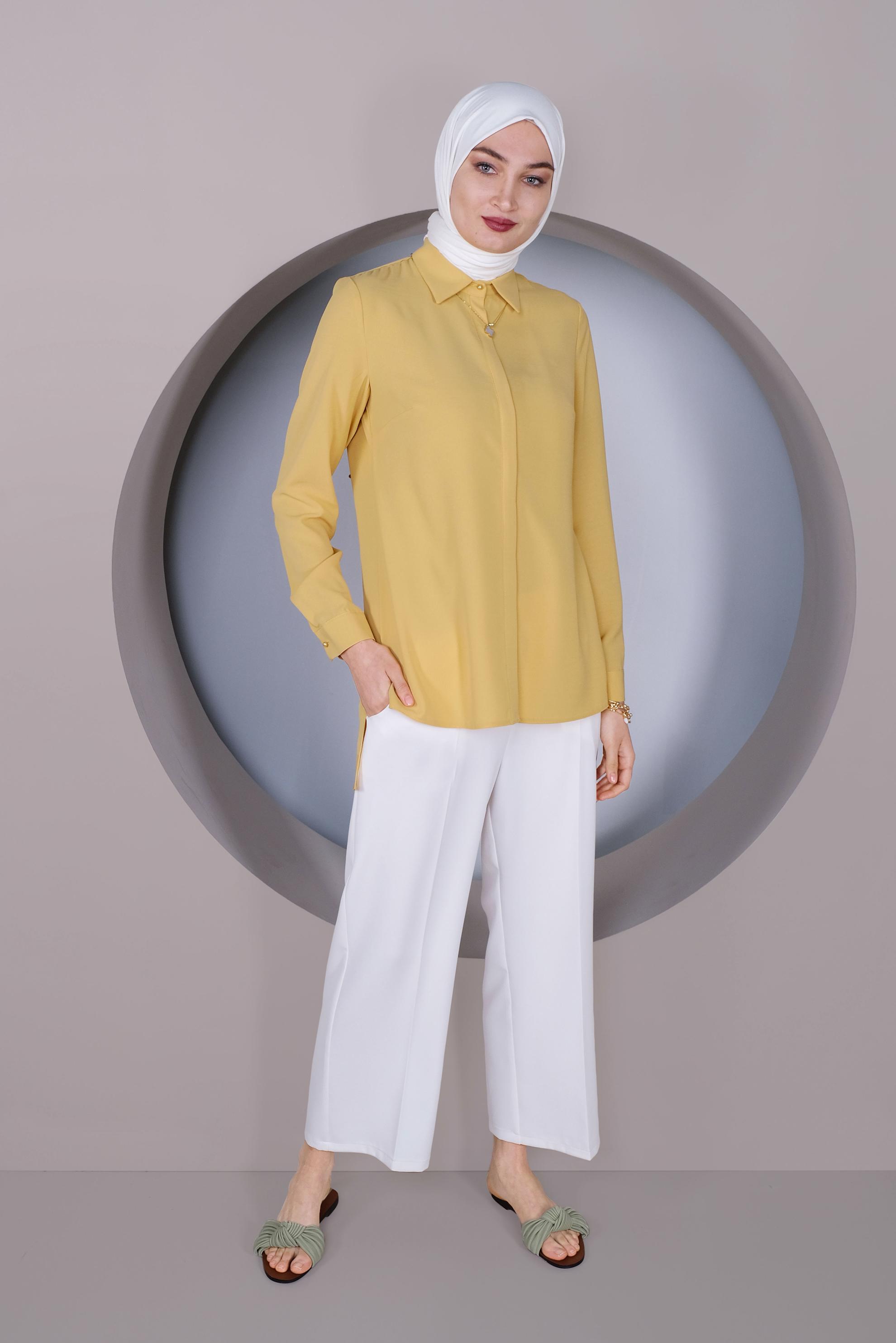 Tesettür giyim SARI GİZLİ DÜĞMELİ BLUZ 40716