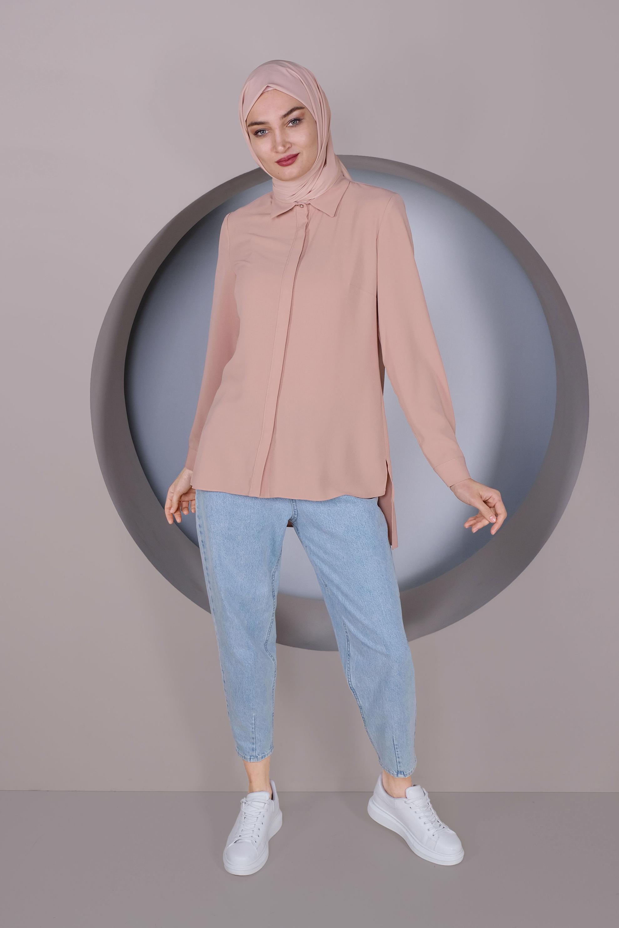 Tesettür giyim PUDRA GİZLİ DÜĞMELİ BLUZ 40716