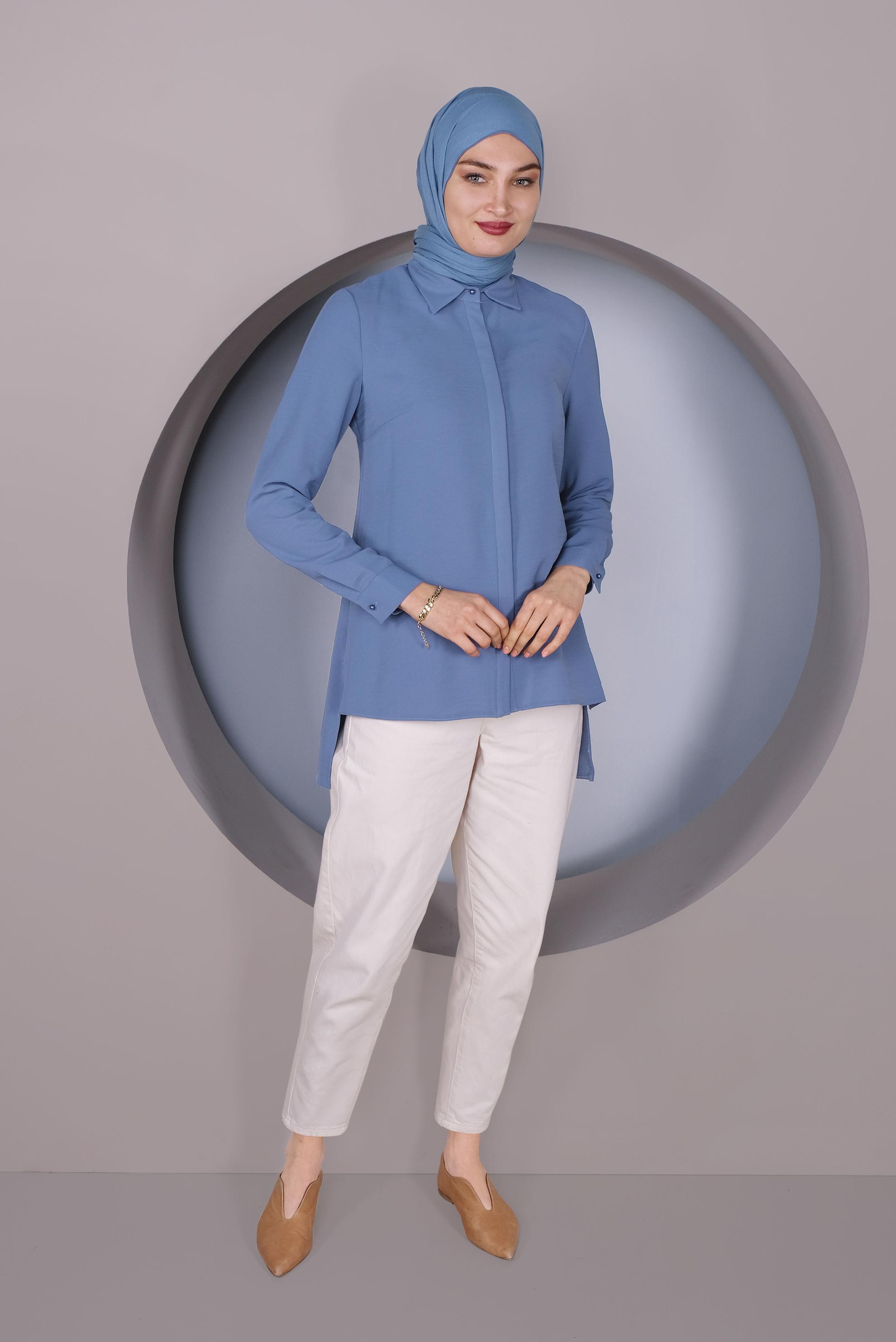 Tesettür giyim MAVİ GİZLİ DÜĞMELİ BLUZ 40716