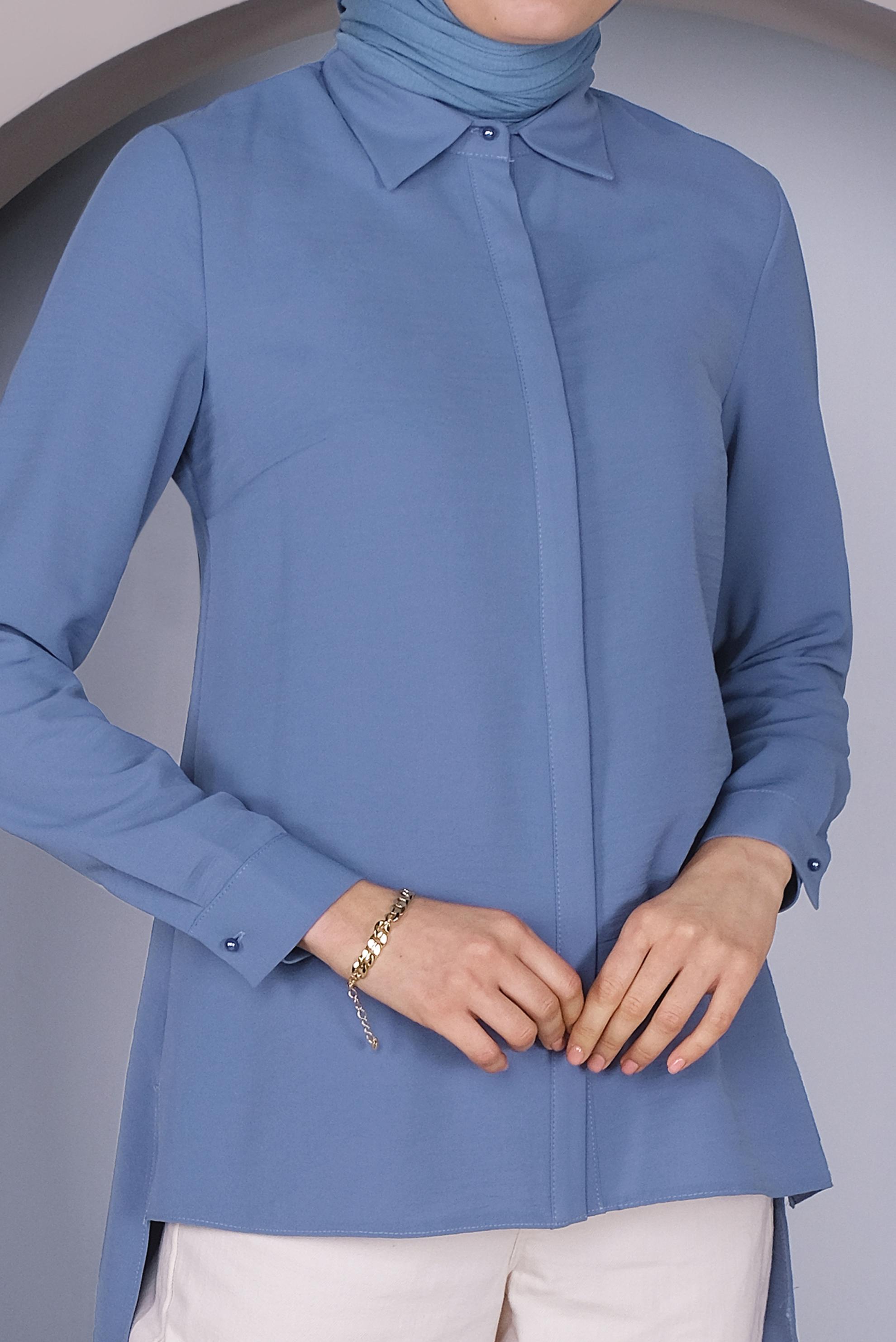 Tesettür giyim MAVİ GİZLİ DÜĞMELİ BLUZ 40716