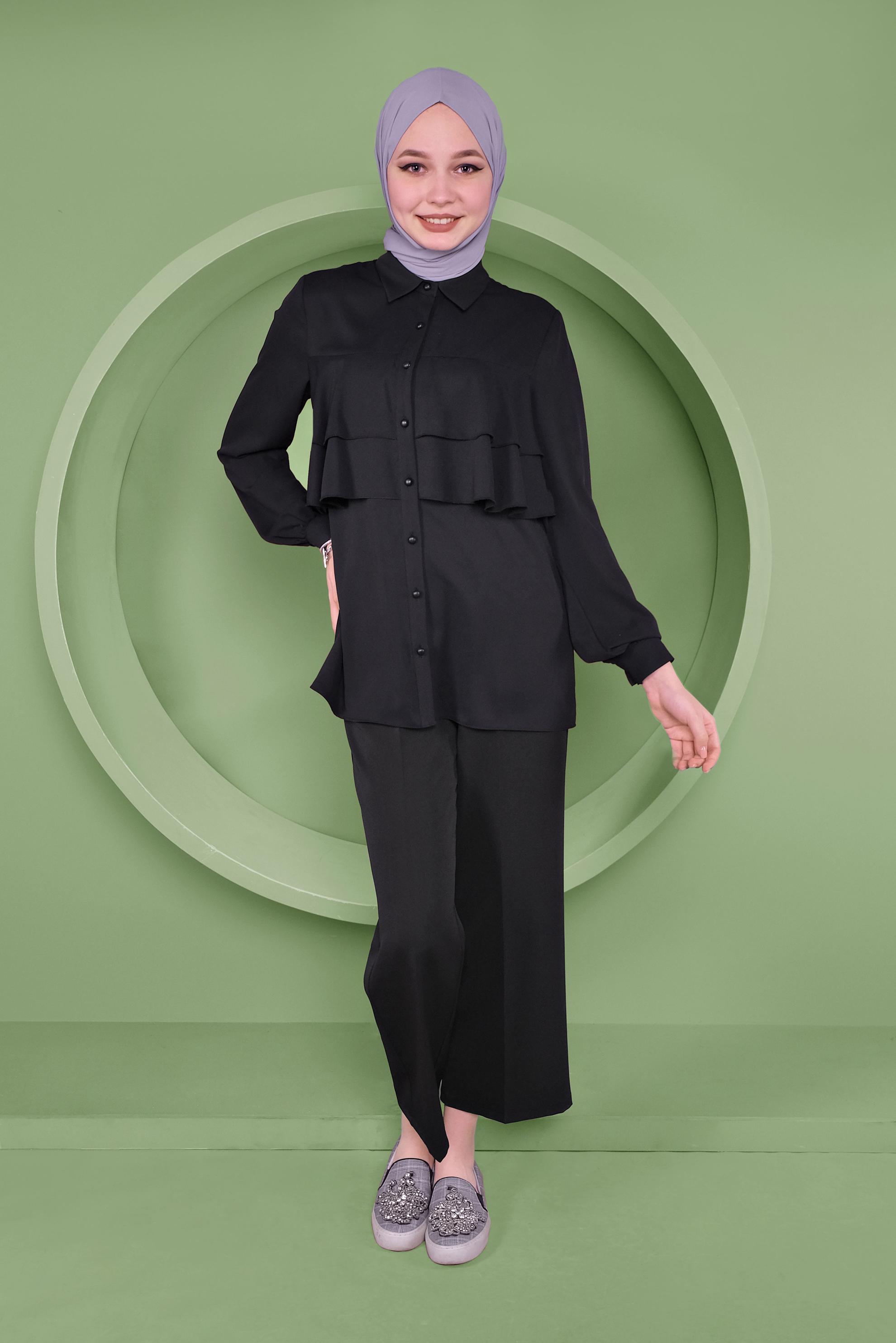 Tesettür giyim SİYAH FIRFIRLI DÜĞMELİ BLUZ 40753